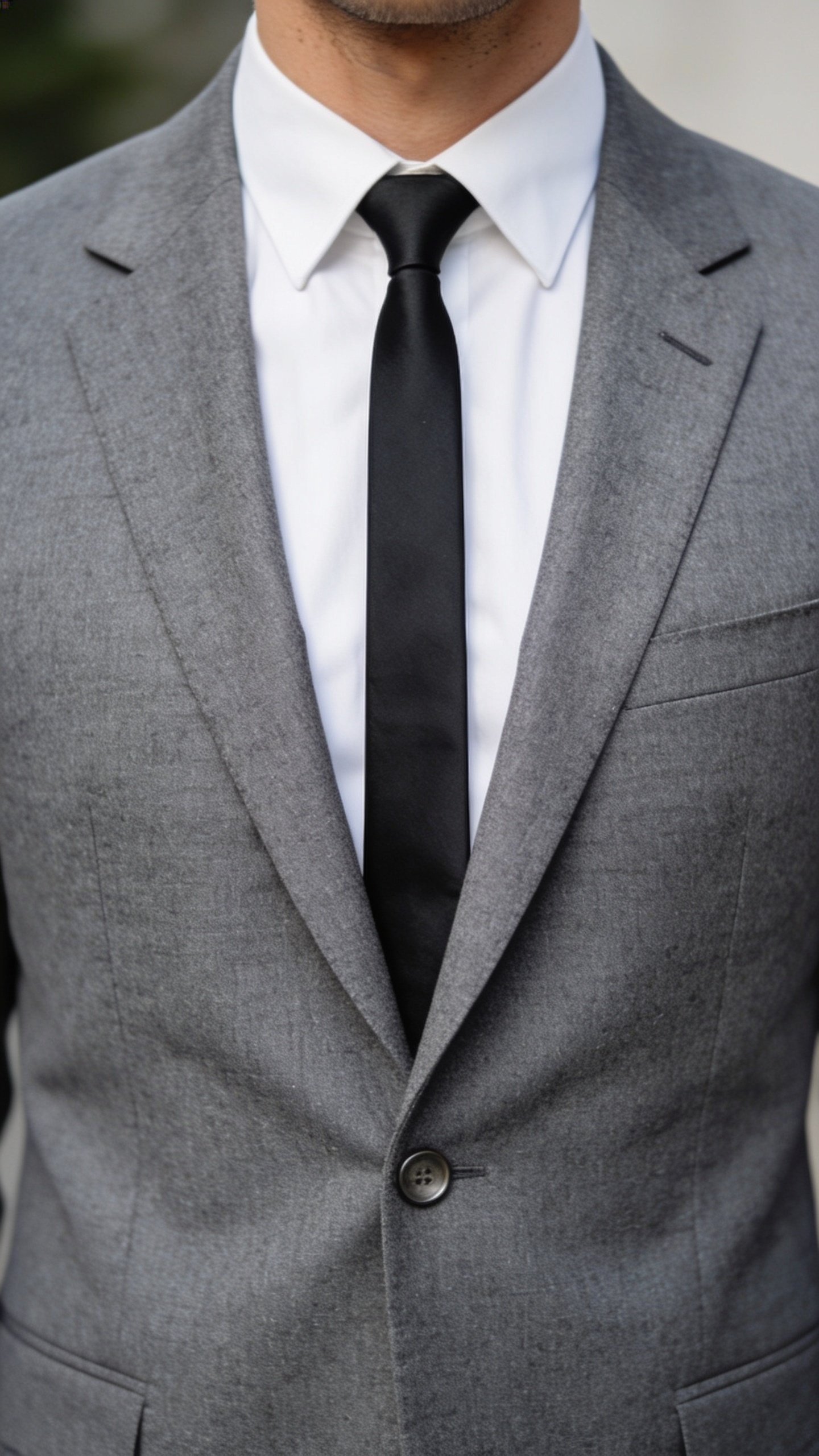A slim black tie drawing a single line down a white shirt