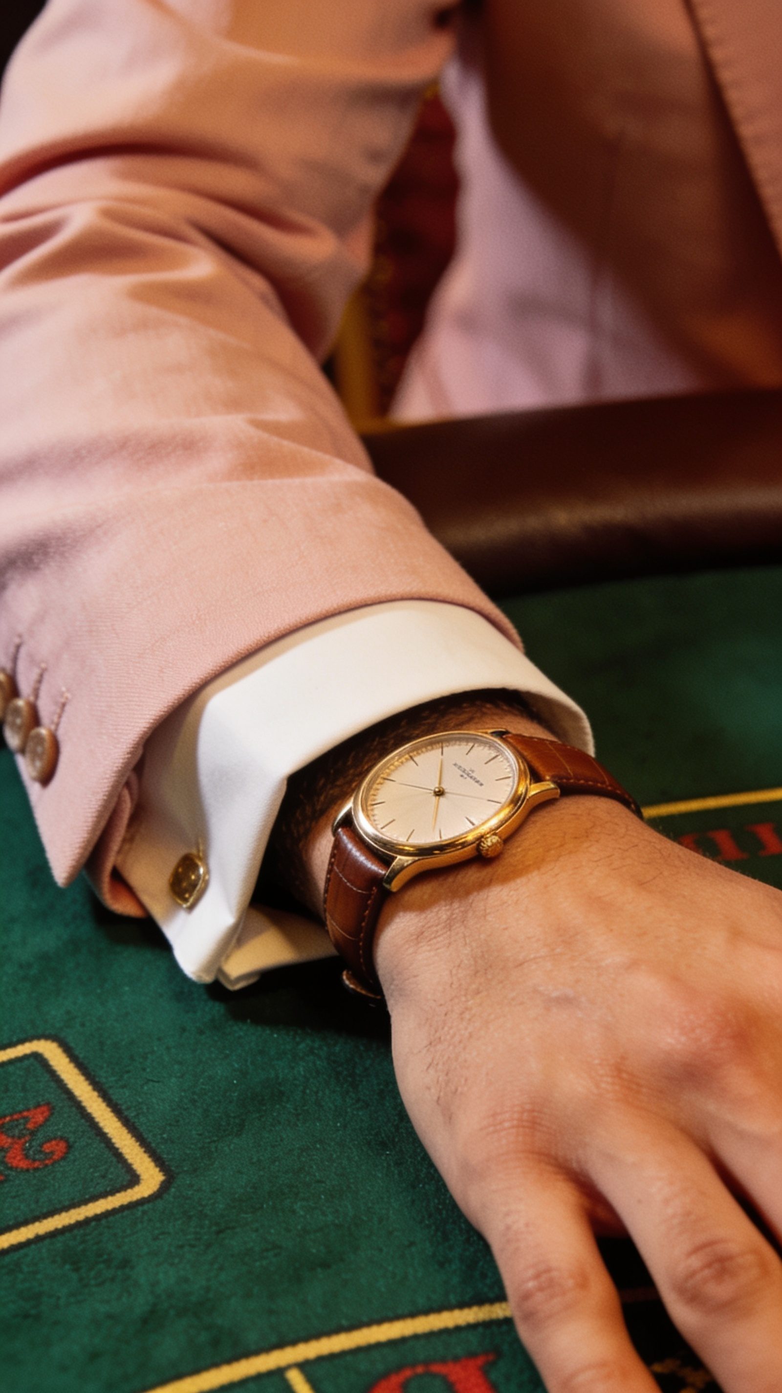 A gold dress watch just visible under a jacket cuff