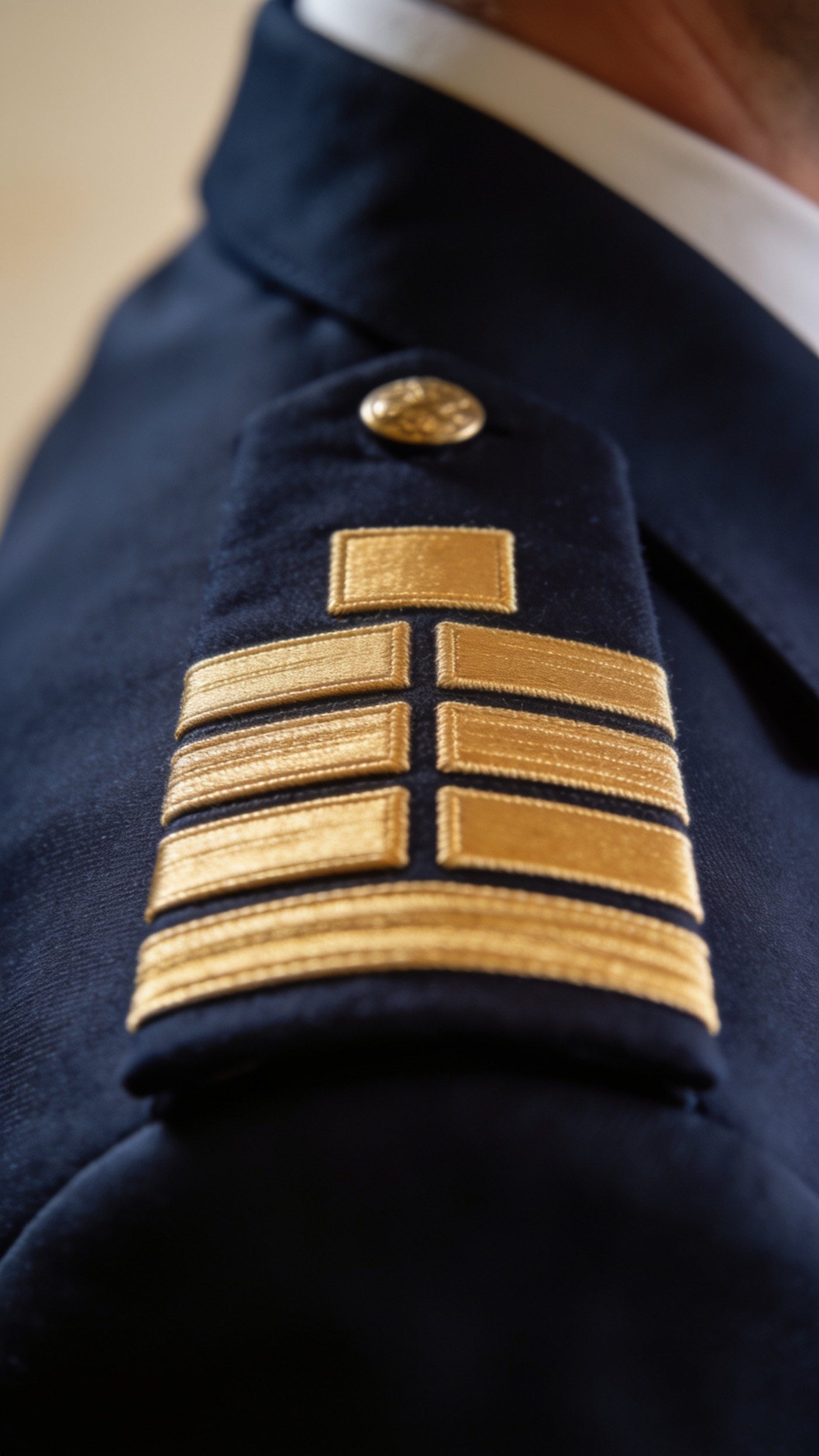 A structured jacket shoulder with the seam ending on the bone and rank stripes on the sleeve