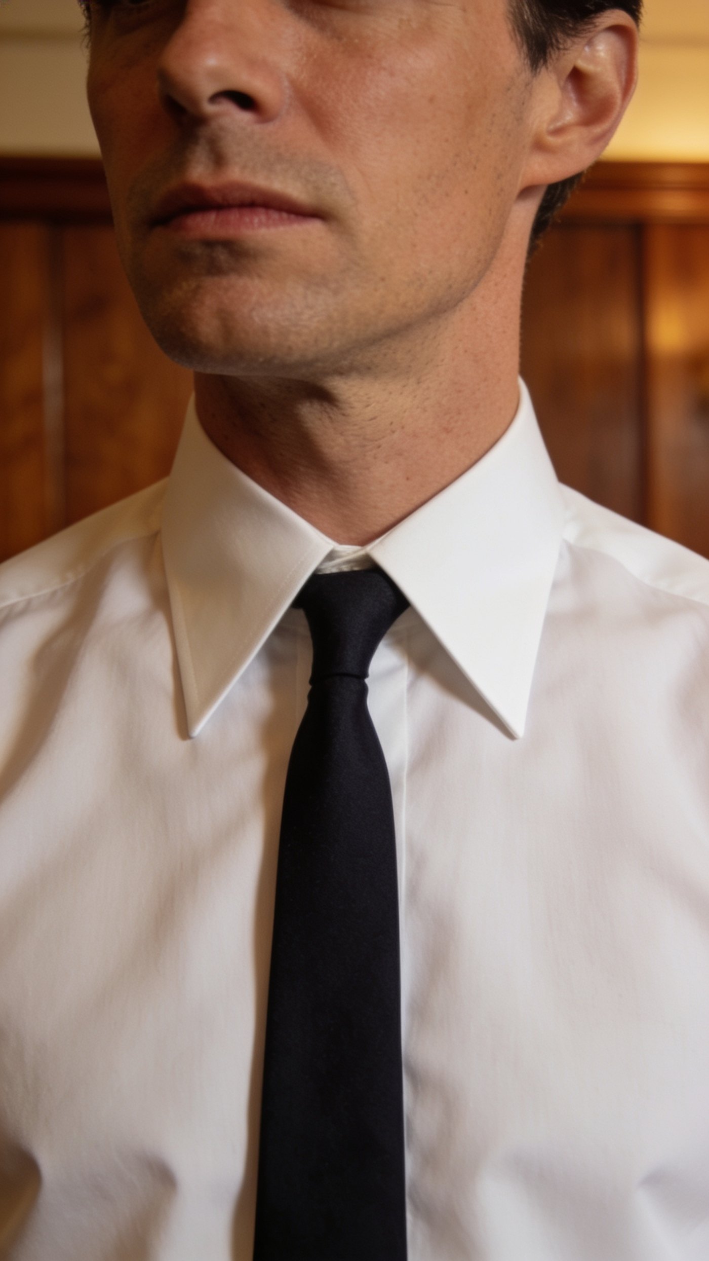 A plain white shirt with a firm collar under a dark jacket