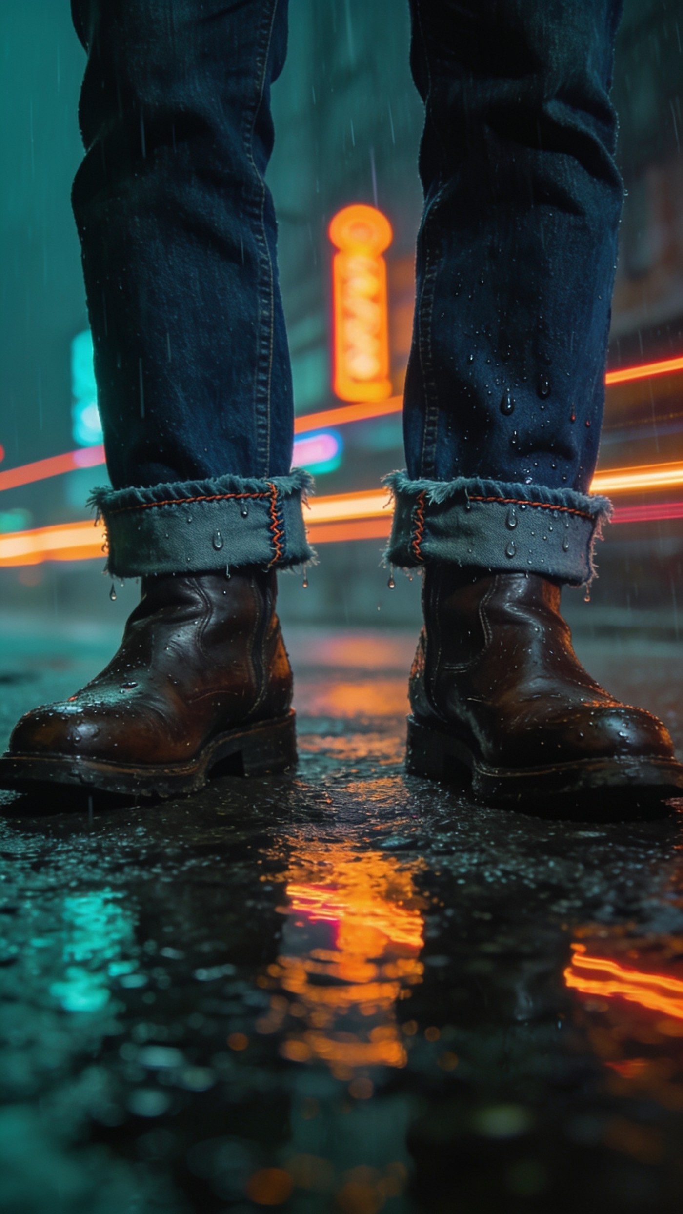 Straight-leg raw denim holding a clean line down the leg over boots