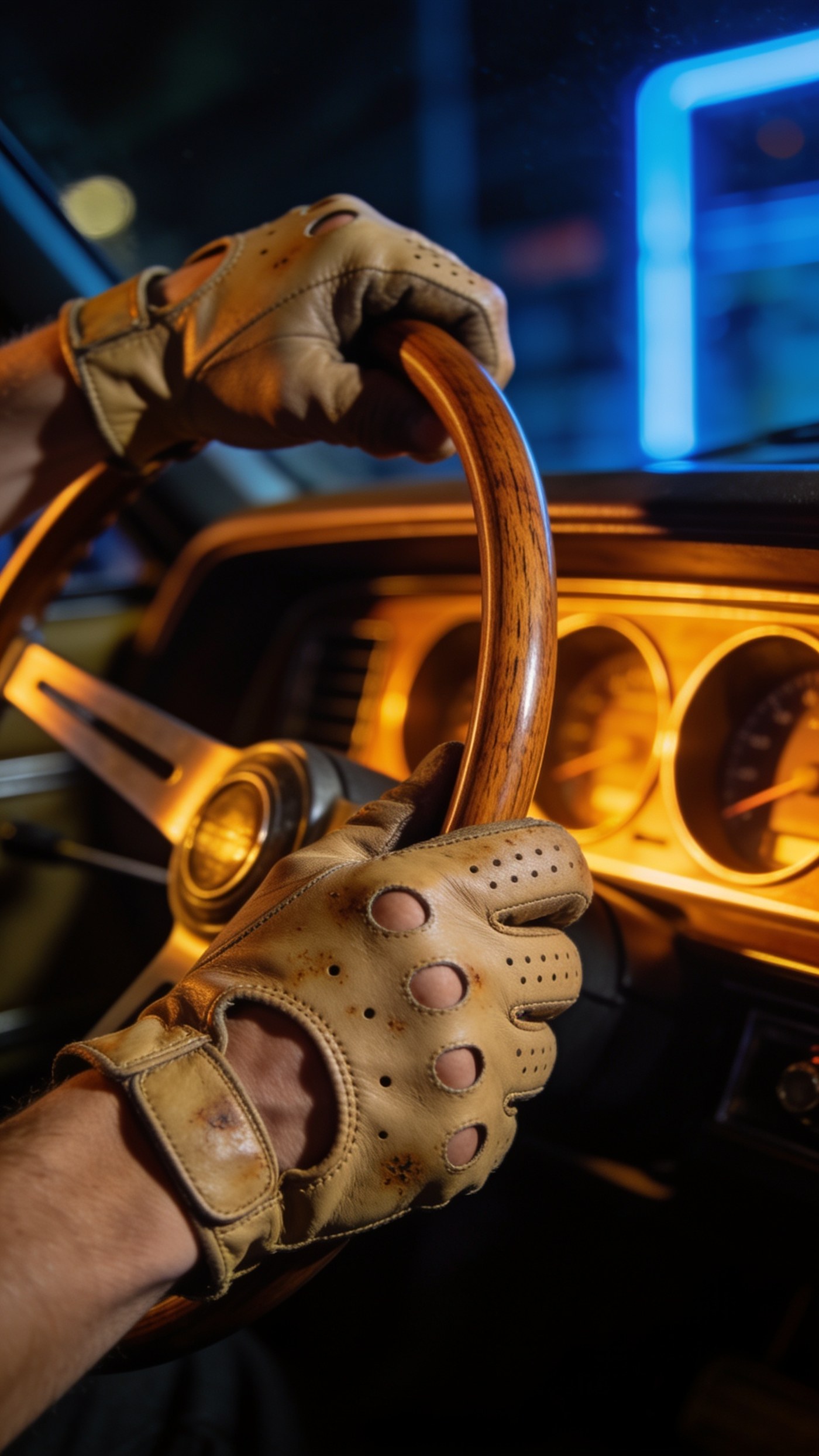 Thin unlined black leather driving gloves with knuckle holes on a hand