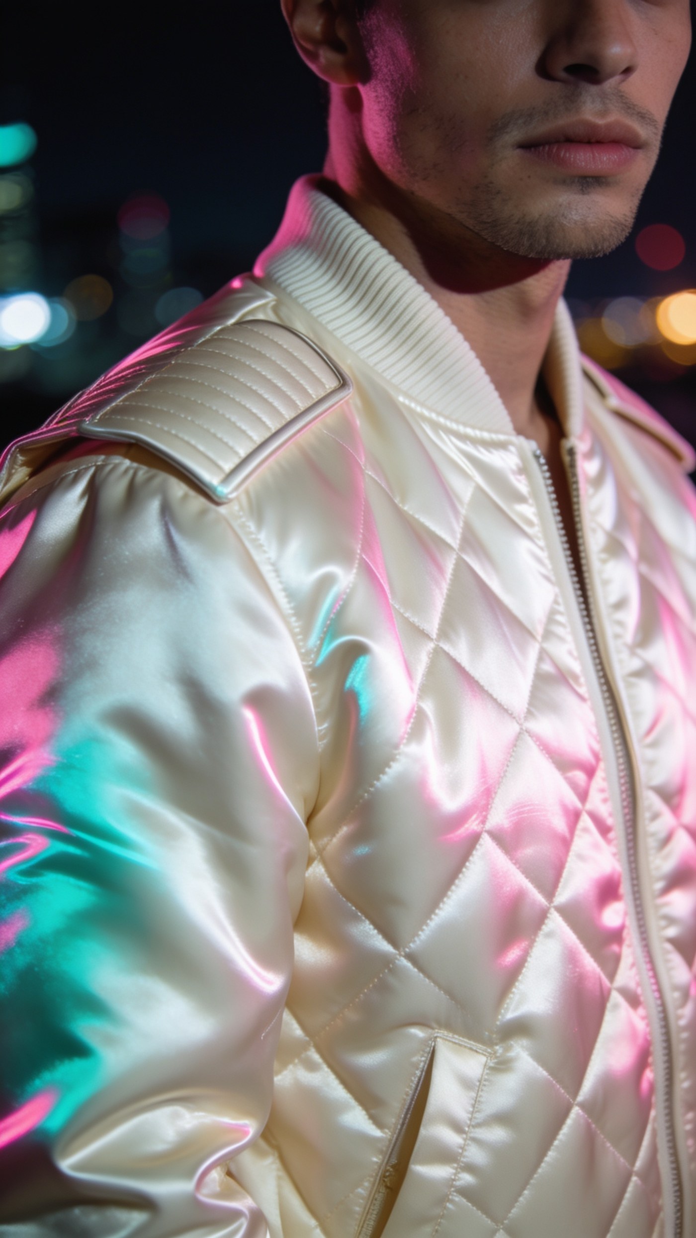A white quilted satin bomber jacket holding soft light across the sleeve