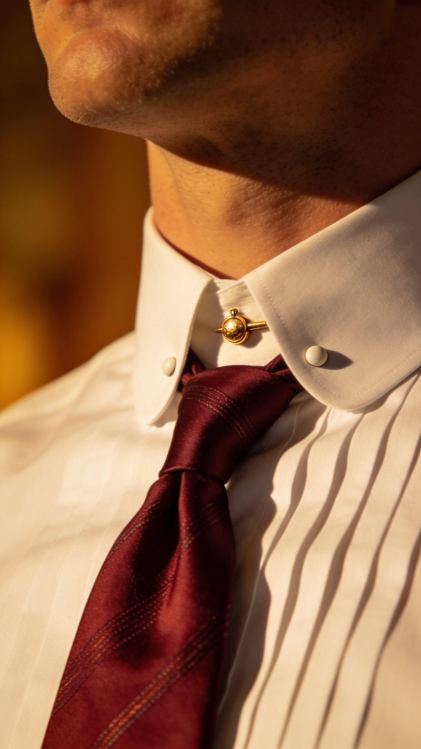White club collar shirt with a gold collar pin under the tie knot