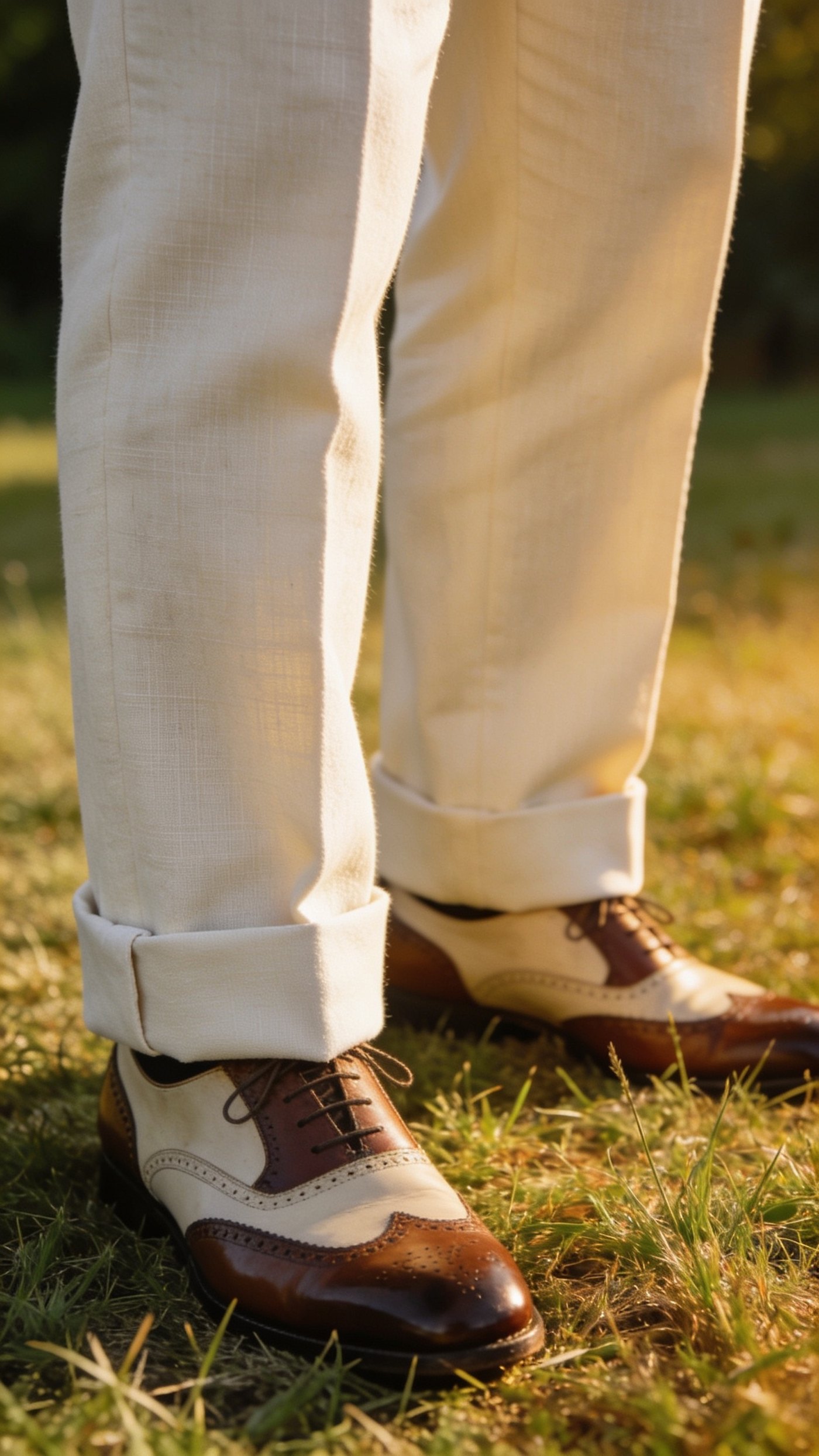 Wide cream flannel trousers with a turned-up cuff over two-tone shoes