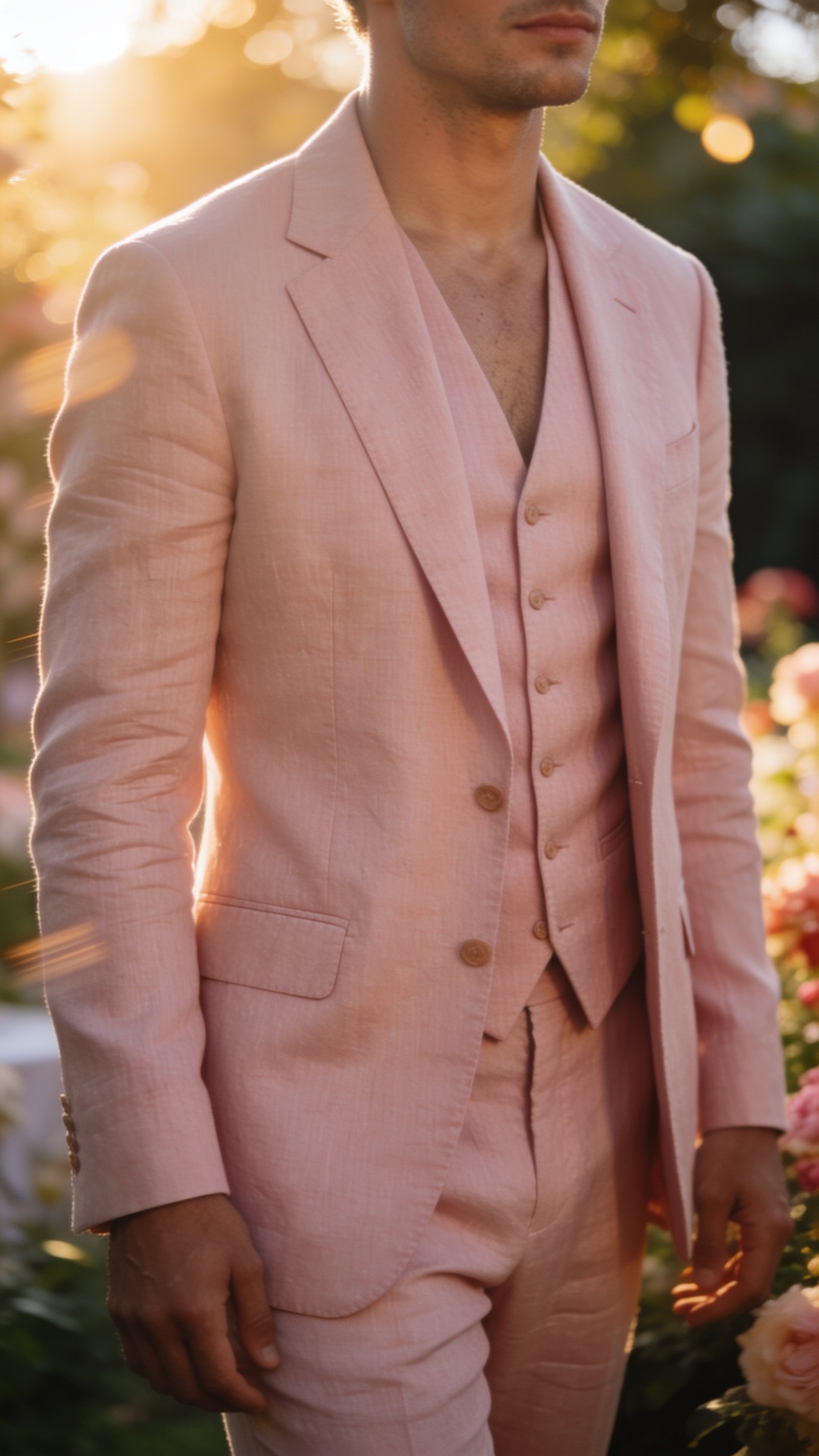 Dusty pink summer suit jacket over a matching waistcoat