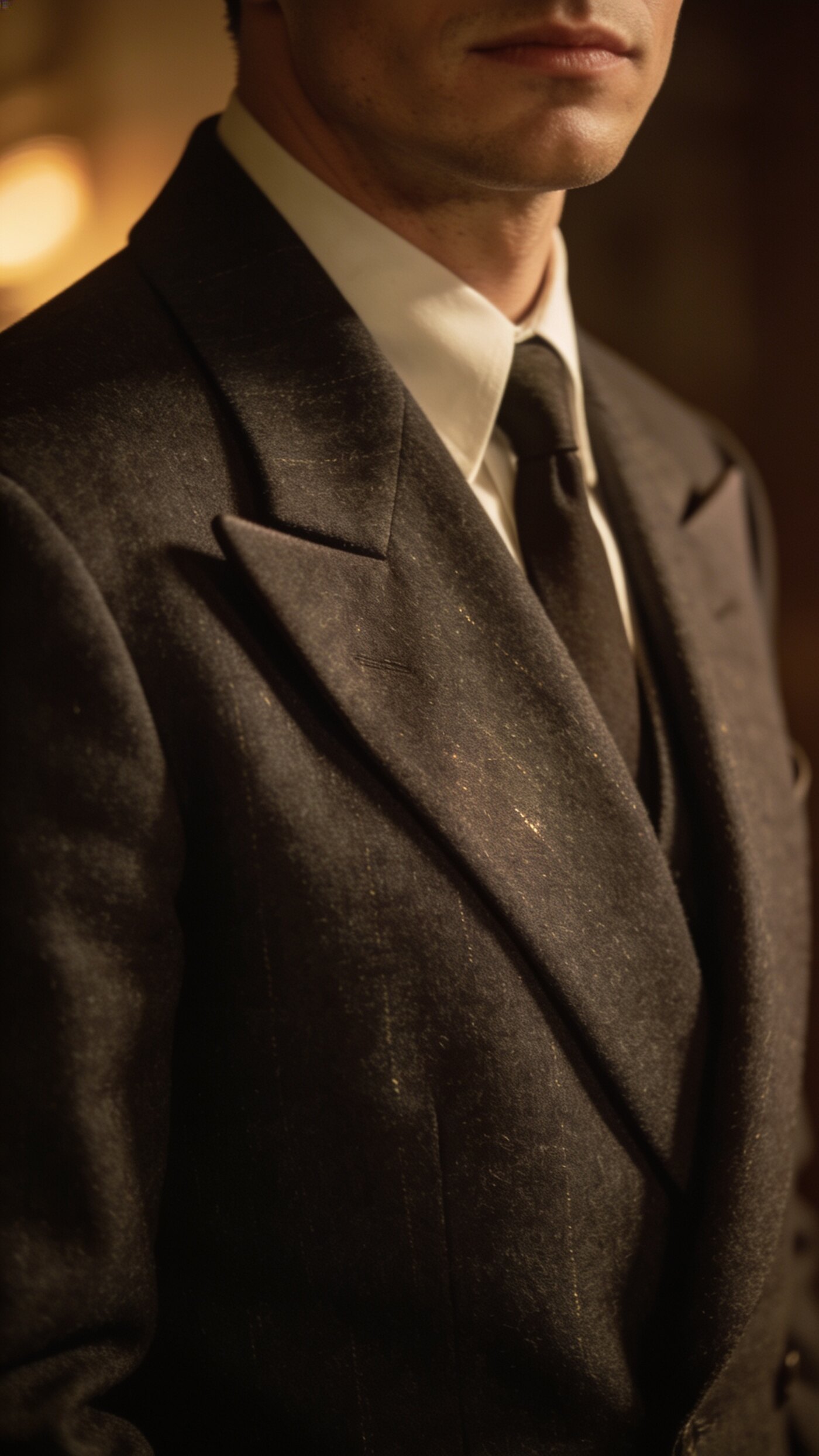 A wide peak lapel in dark cloth with the point aimed up toward the shoulder