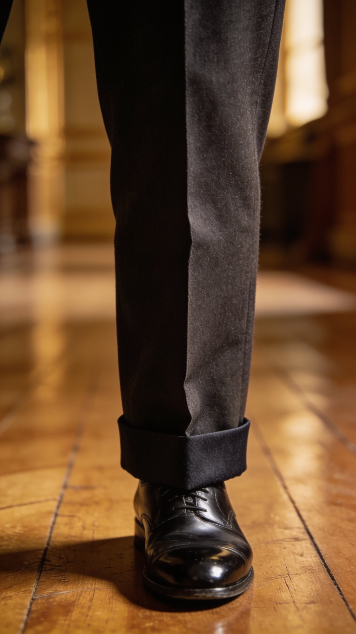 A deep trouser turn-up resting with a single soft break on the shoe
