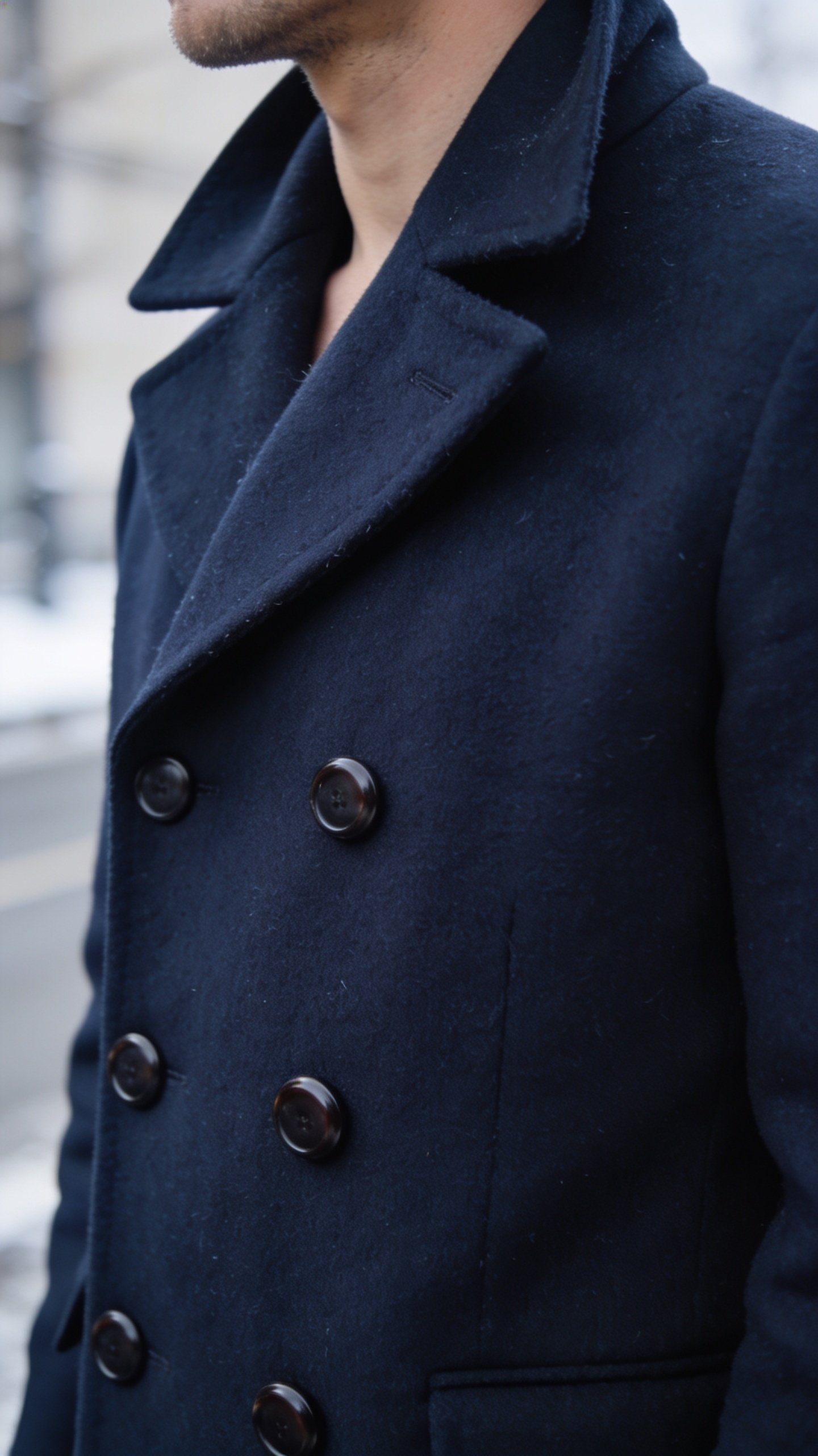 A navy melton peacoat with the collar standing, worn over a henley