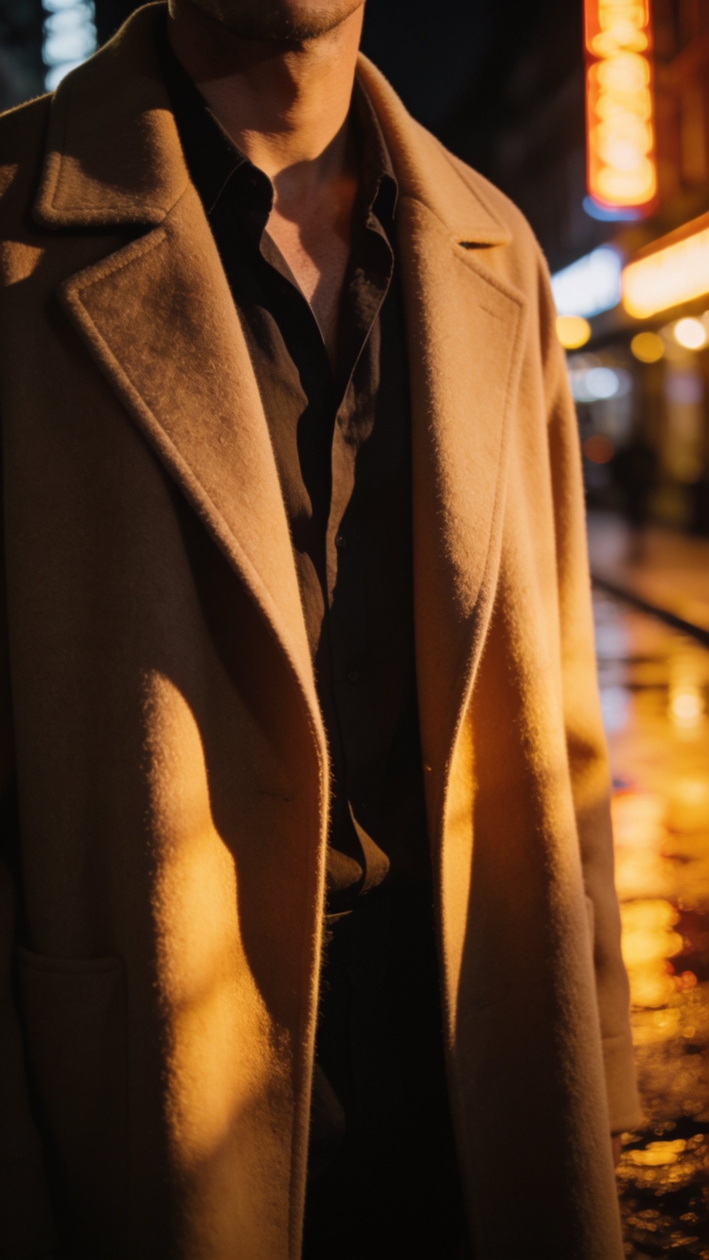 Camel hair polo coat hanging open over a dark shirt