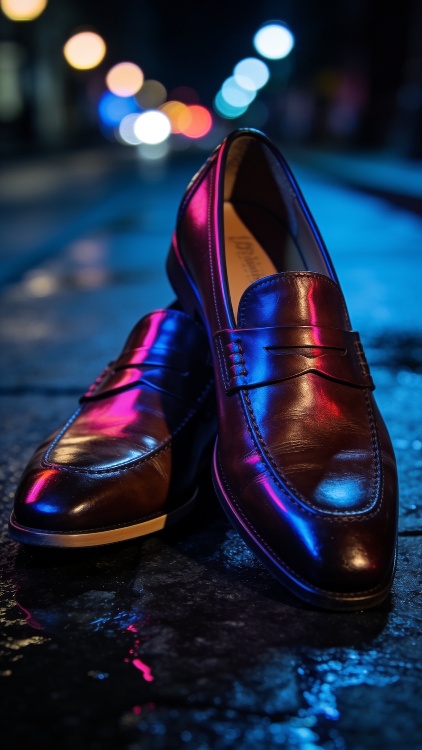 Polished dark brown penny loafers on a wet pavement