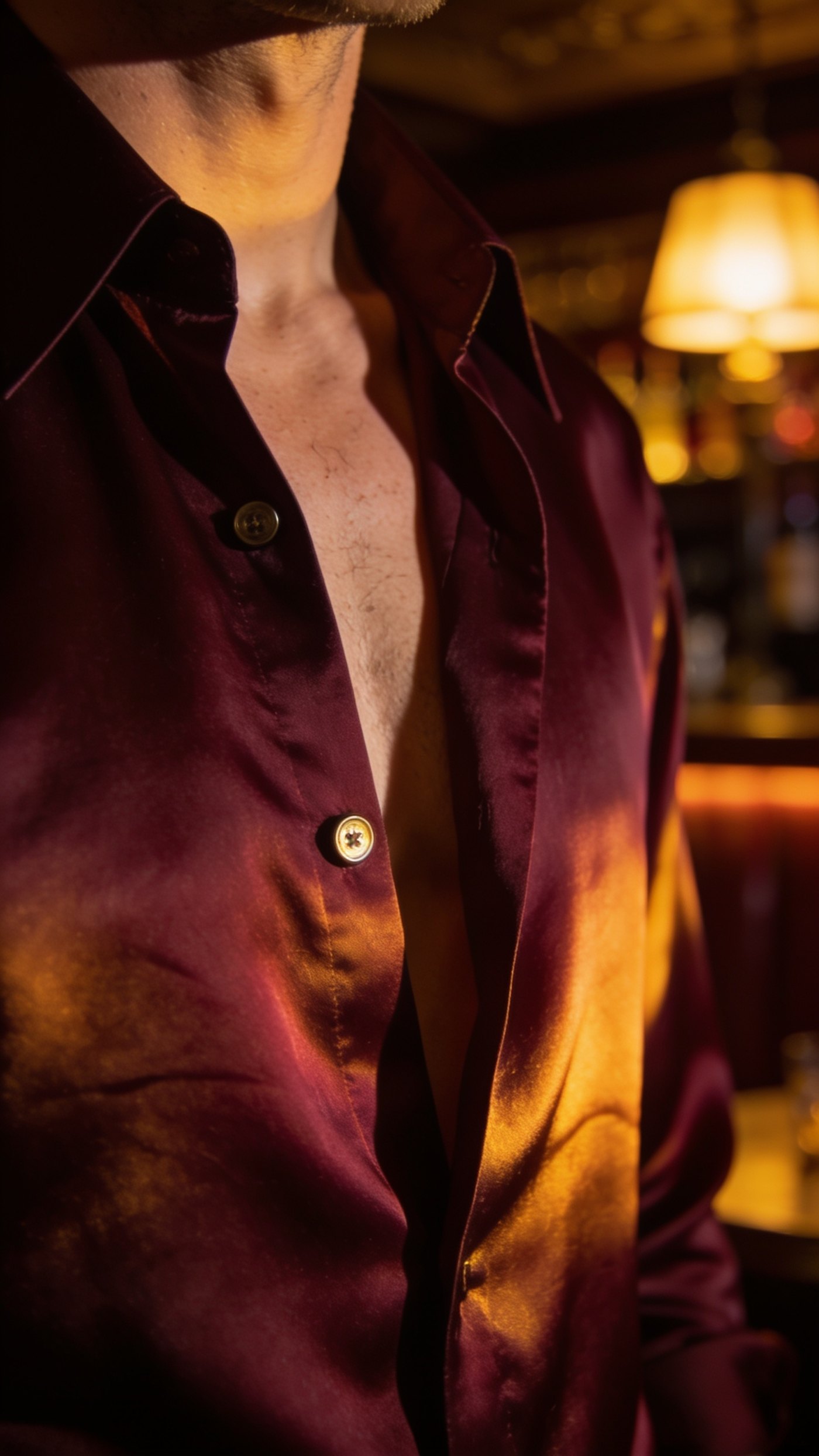 Dark wine silk shirt with a long collar worn open