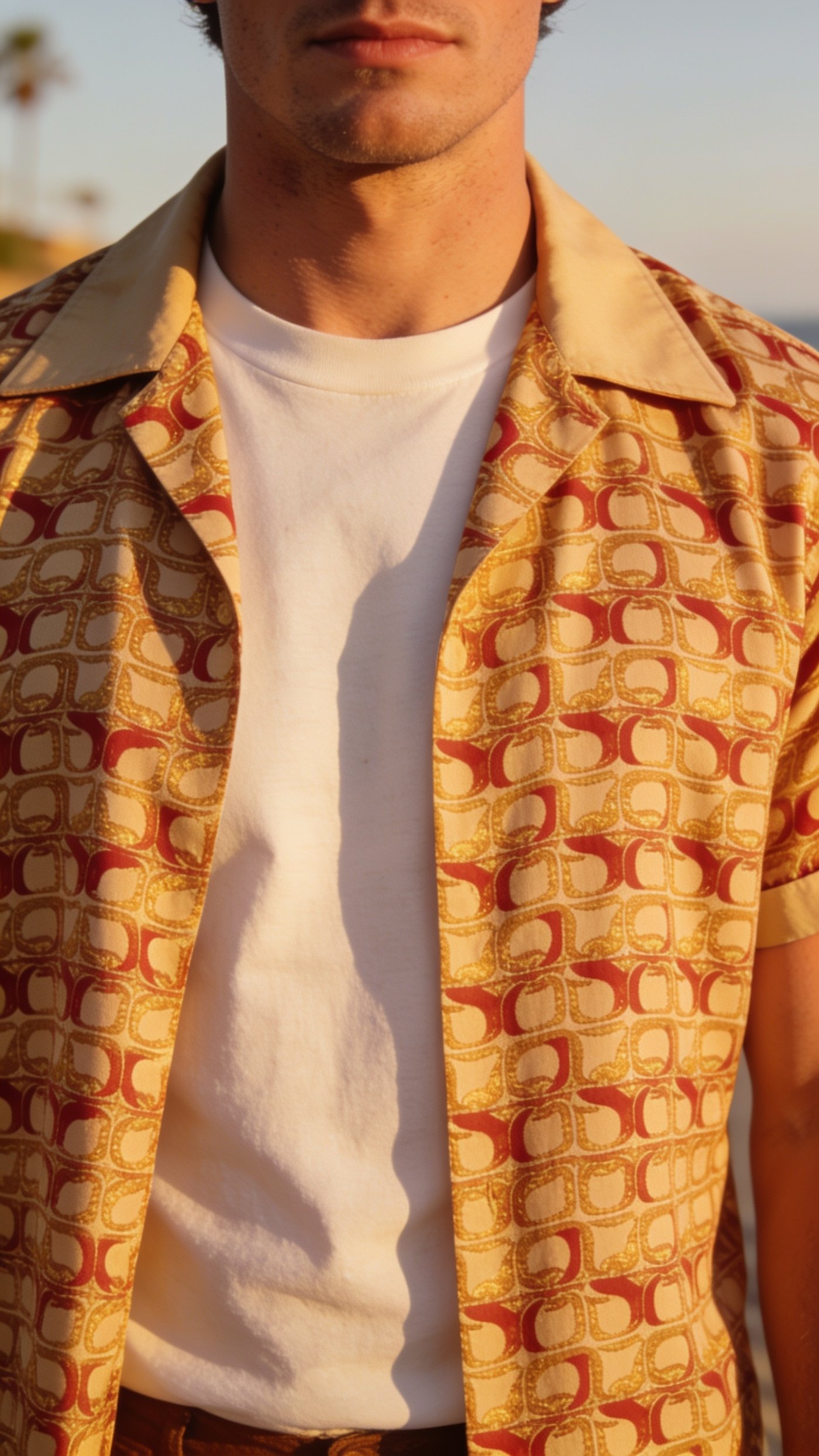 An open camp collar shirt lying flat on the collarbone with no tie