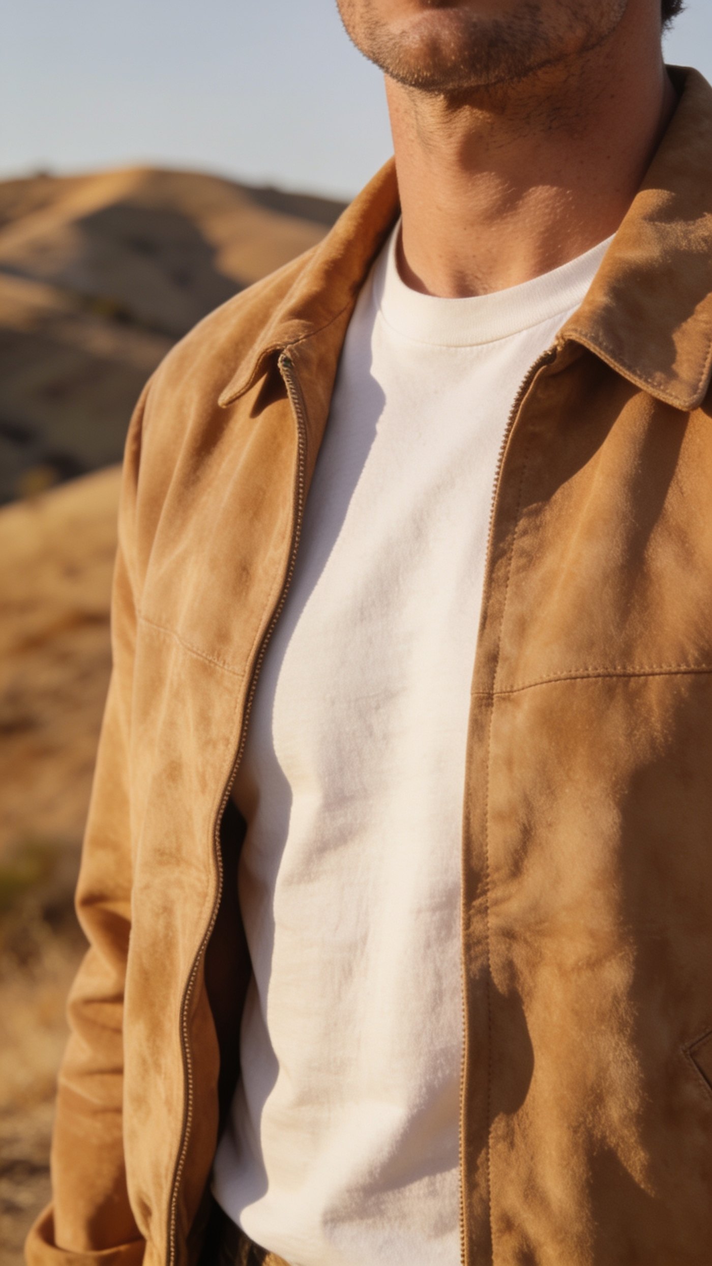 A soft brown suede blouson creasing with the movement of the arm