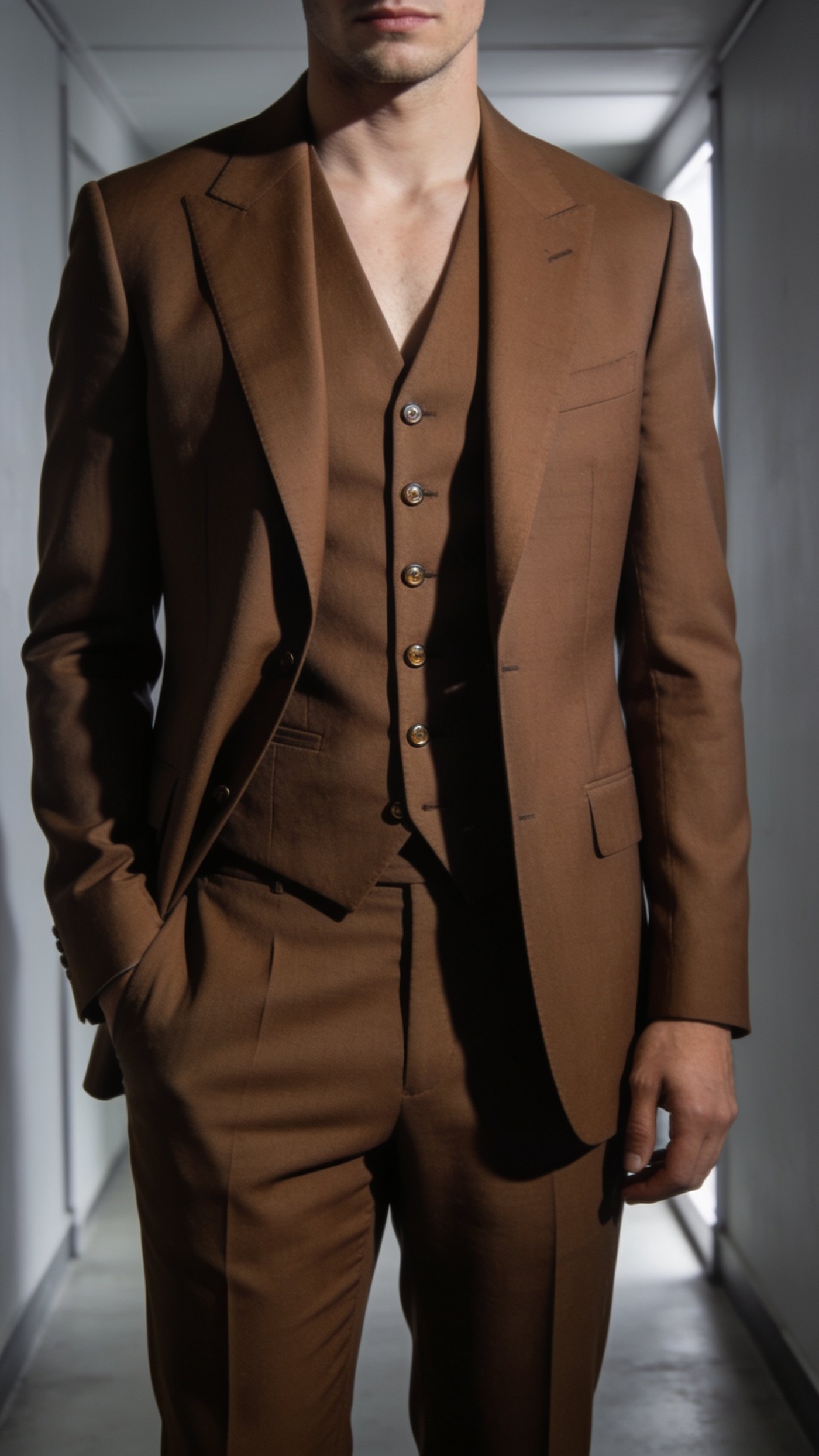 Brown three-piece suit with the waistcoat buttoned and the jacket open
