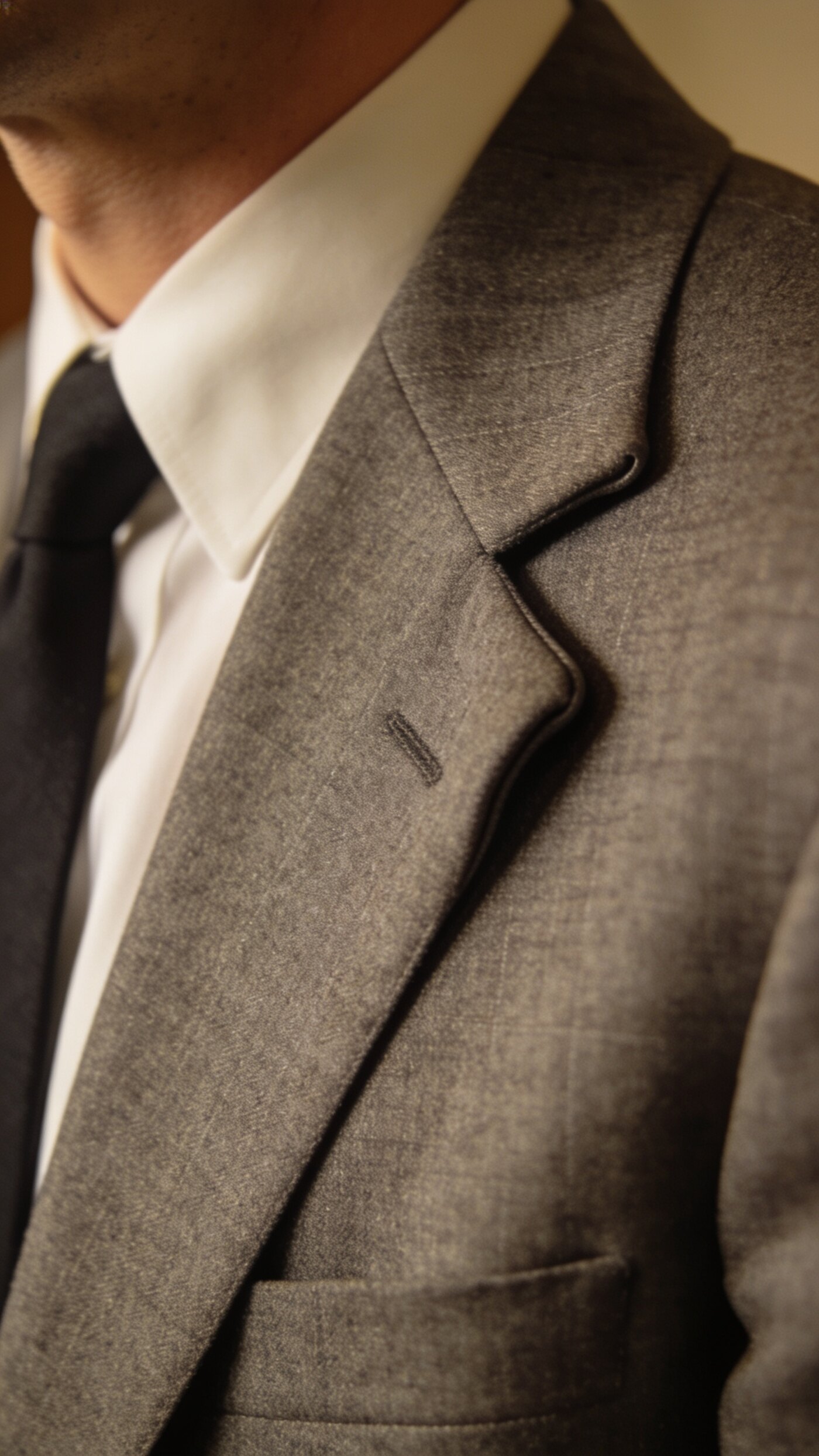 A mid grey flannel suit jacket with a matte surface and soft shoulder