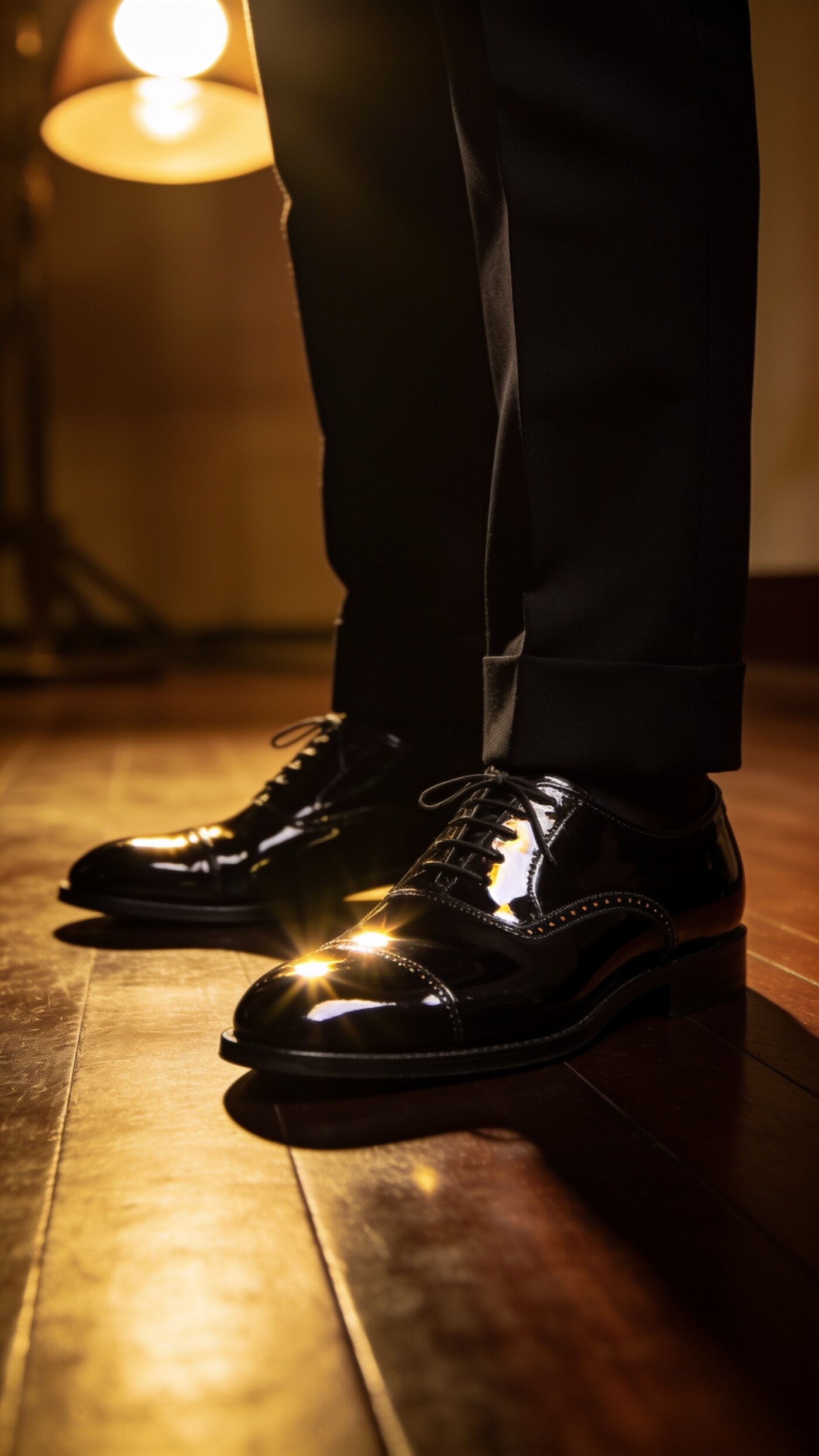 A plain patent leather toe catching a point of light under low lighting