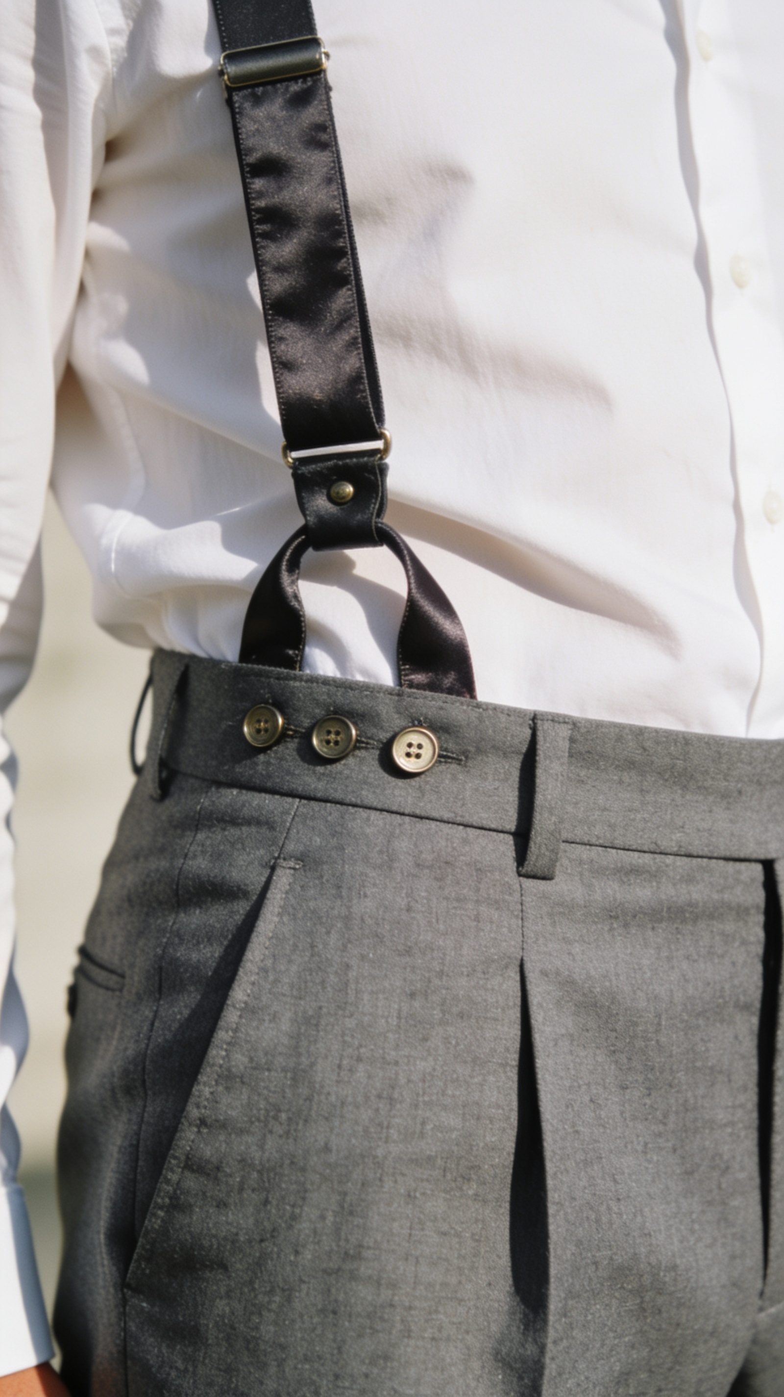 Silk braces buttoned to a high-rise trouser hanging in a straight line