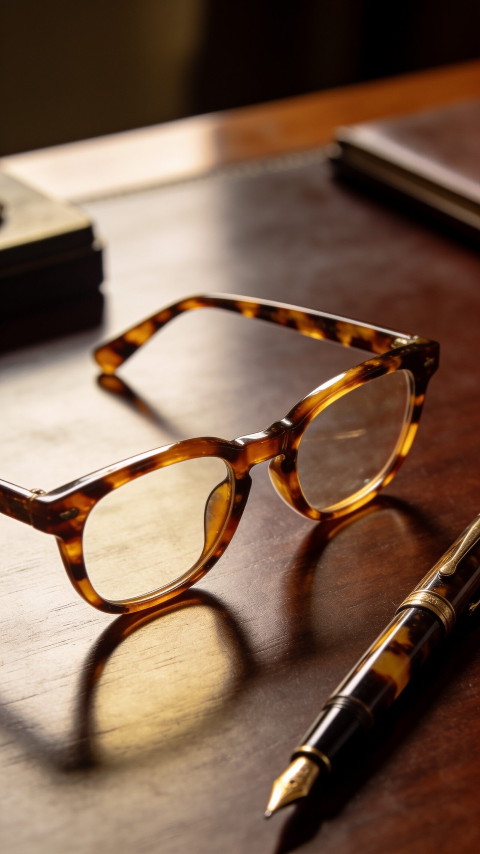 Amber tortoiseshell acetate frames catching warm light