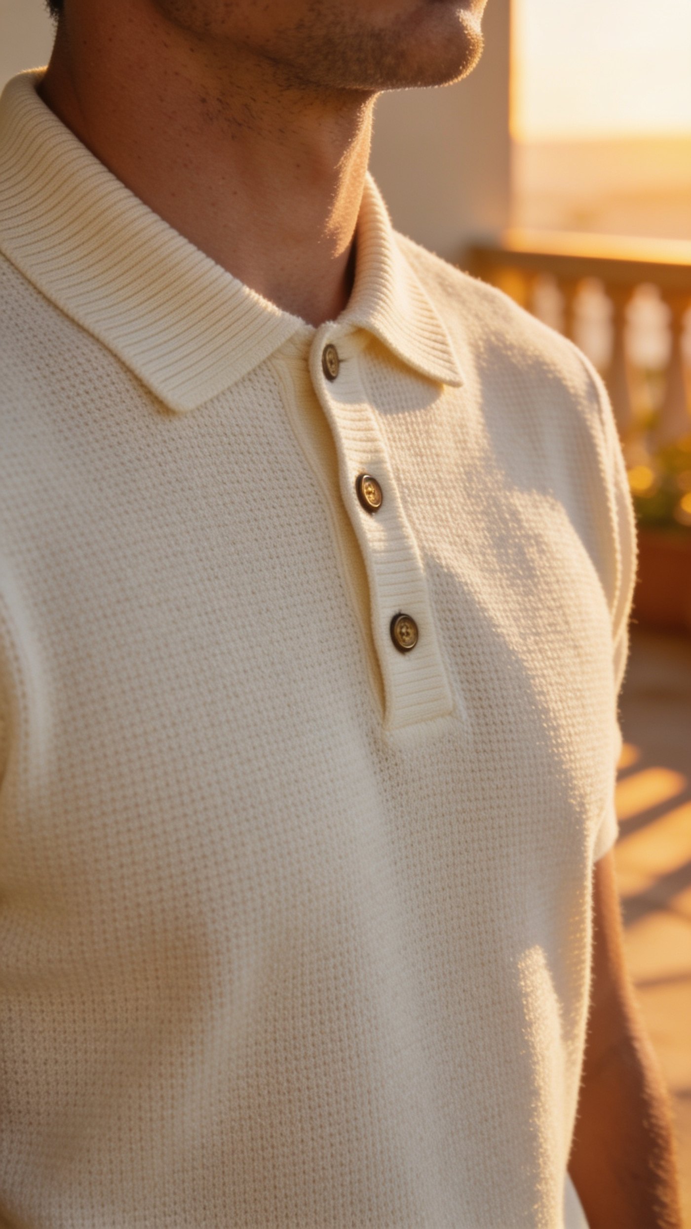 Cream knit polo with a ribbed collar standing against the neck