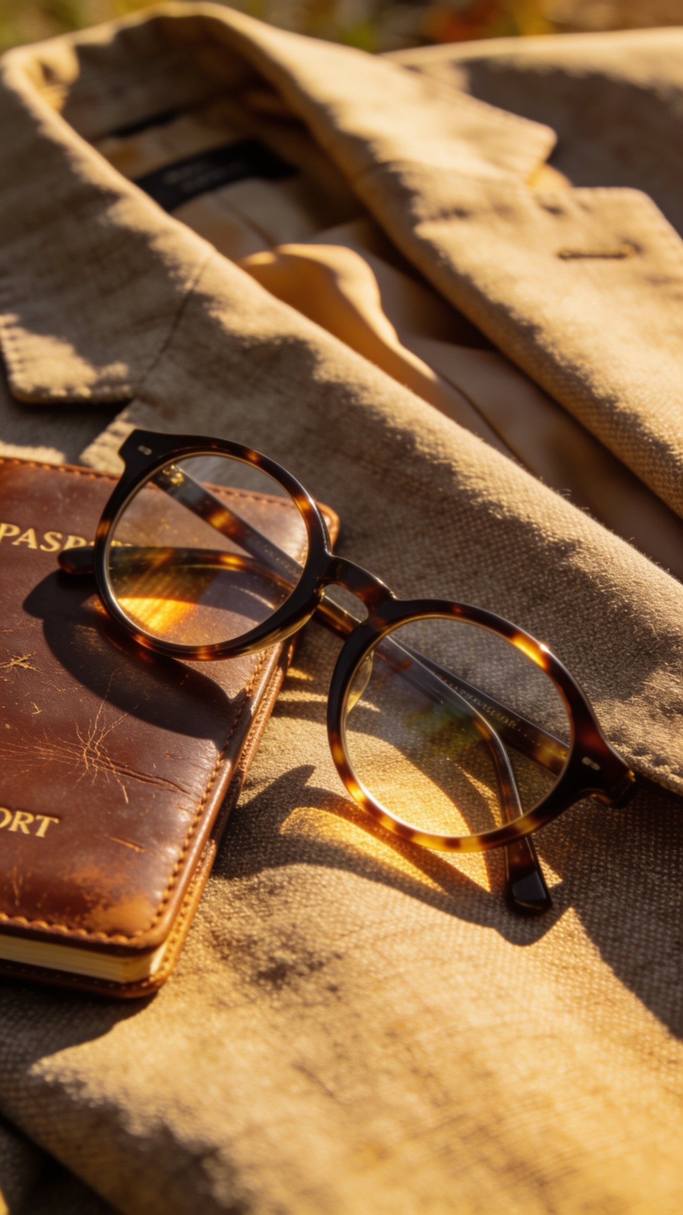 Round dark acetate spectacles resting on a folded linen jacket
