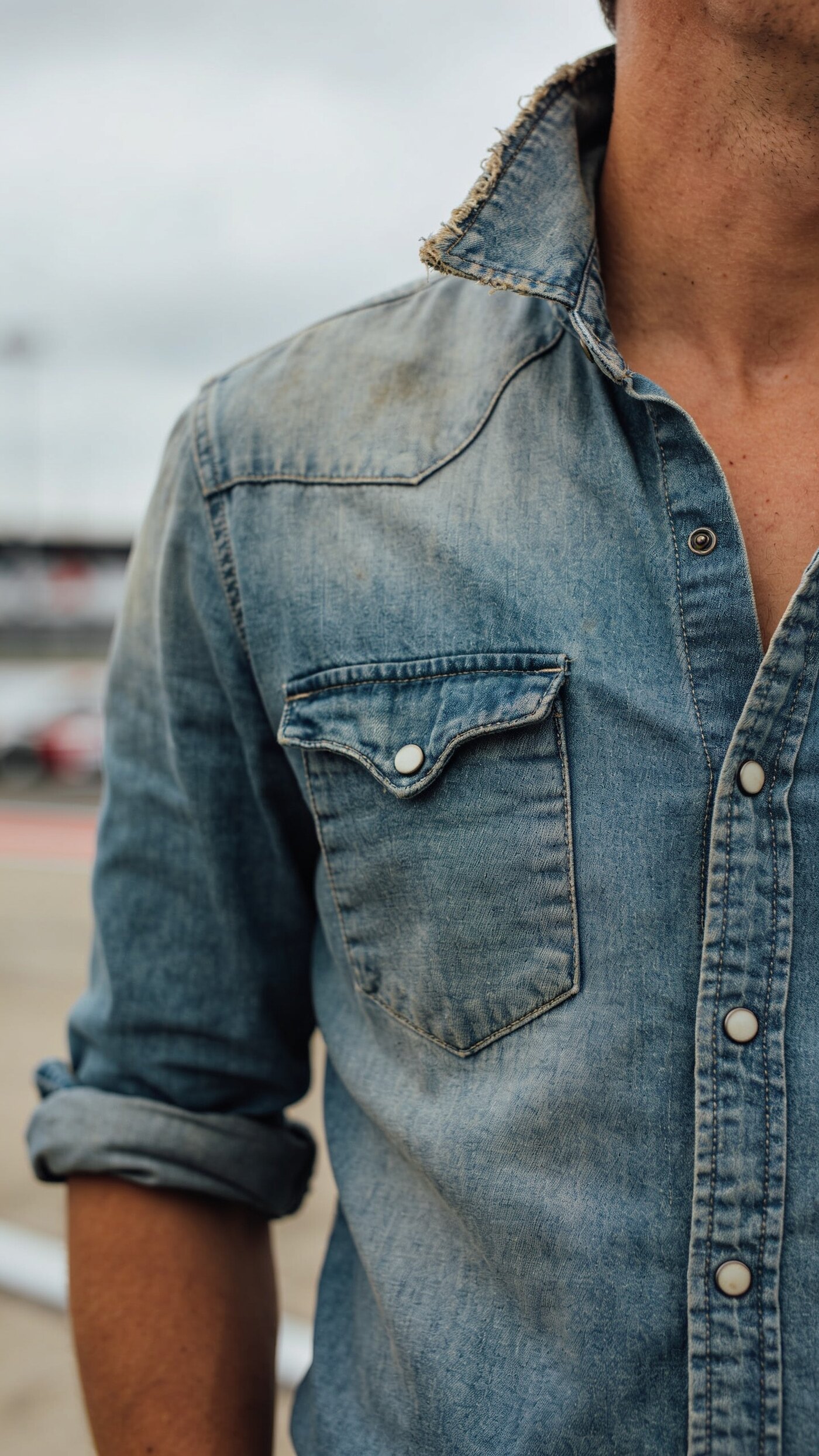 A faded indigo denim shirt worn open at the throat under a jacket