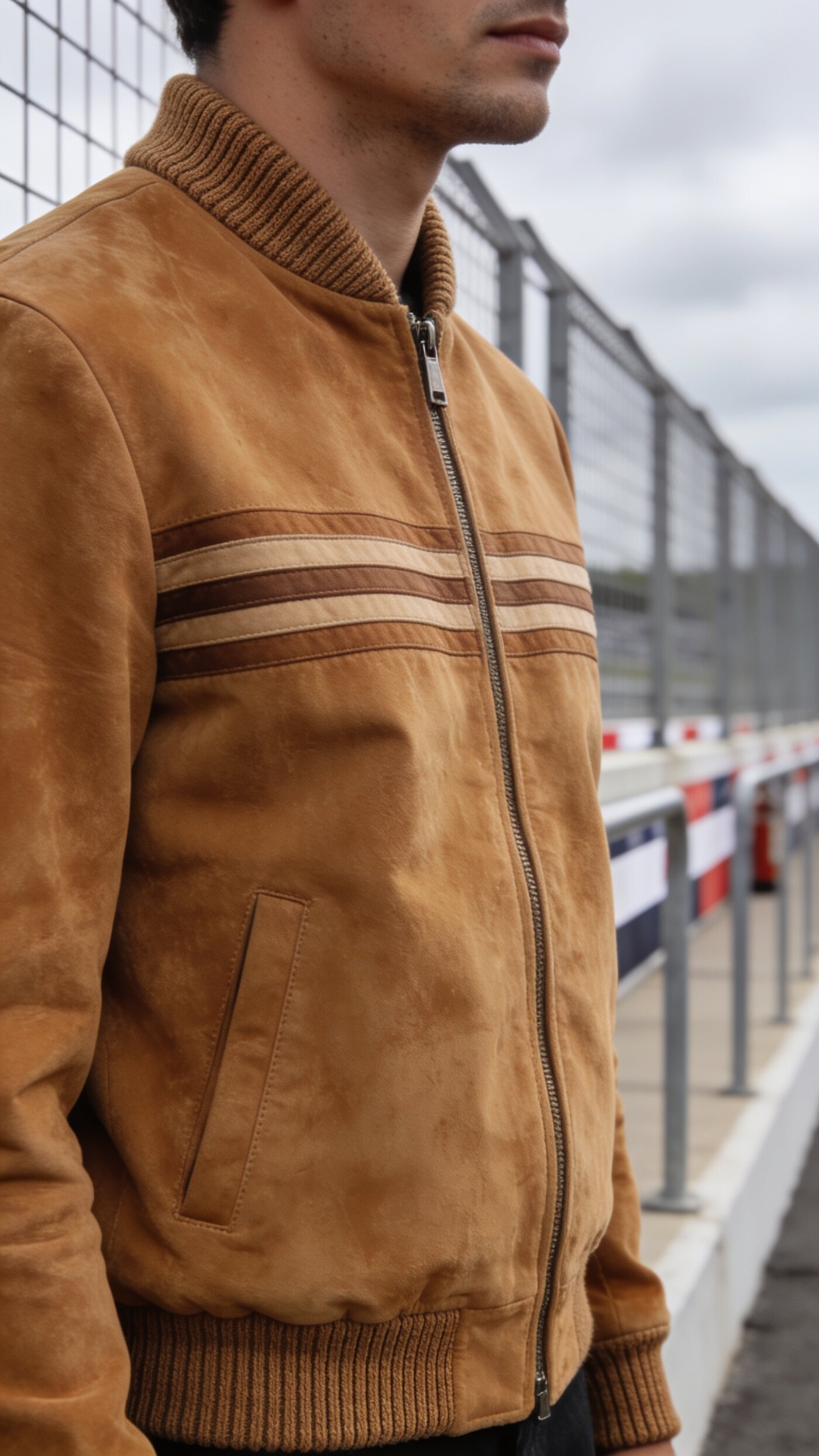 A racing jacket with a standing collar and ribbed waistband worn open