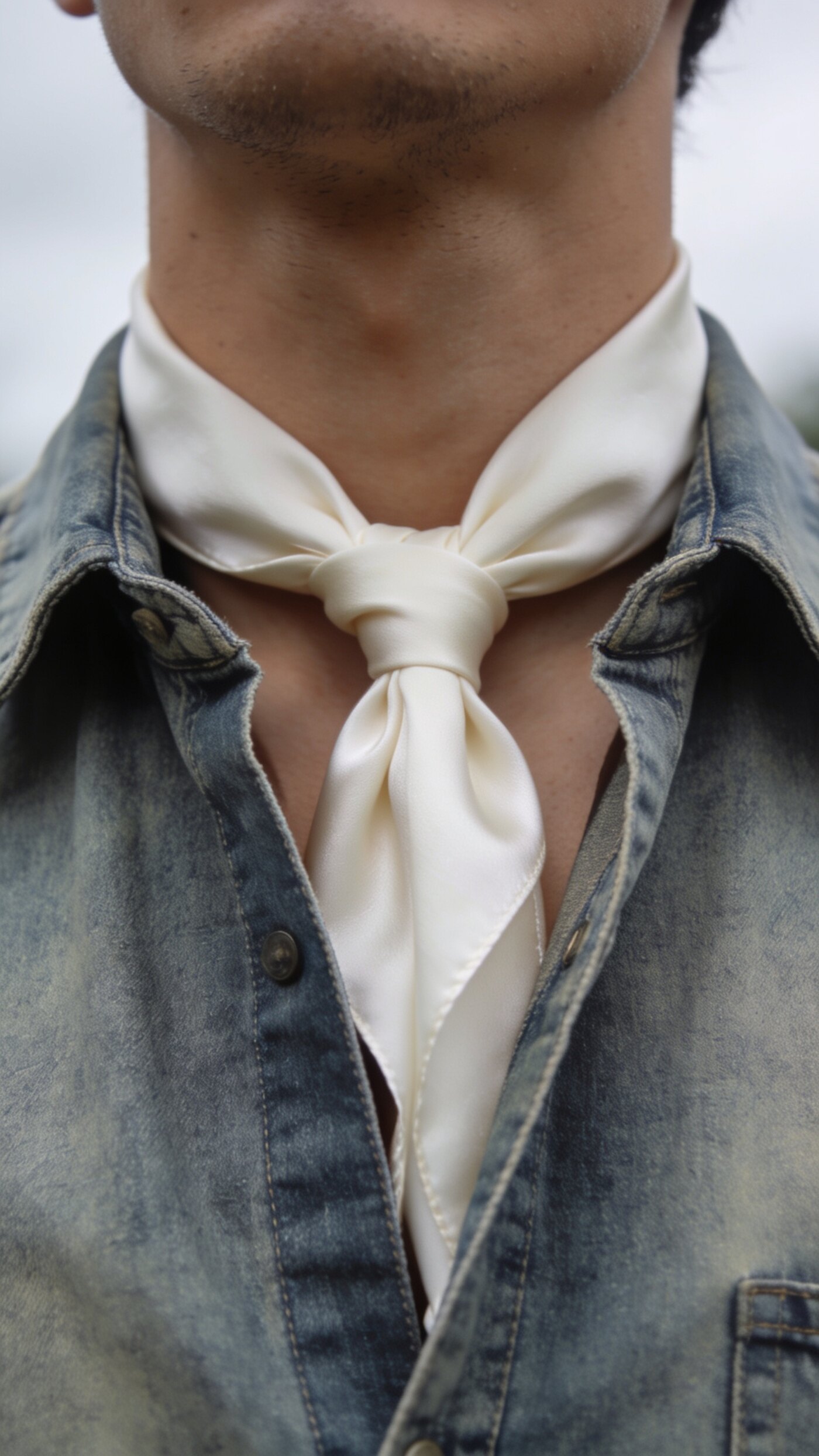 A patterned silk scarf looped inside an open shirt collar