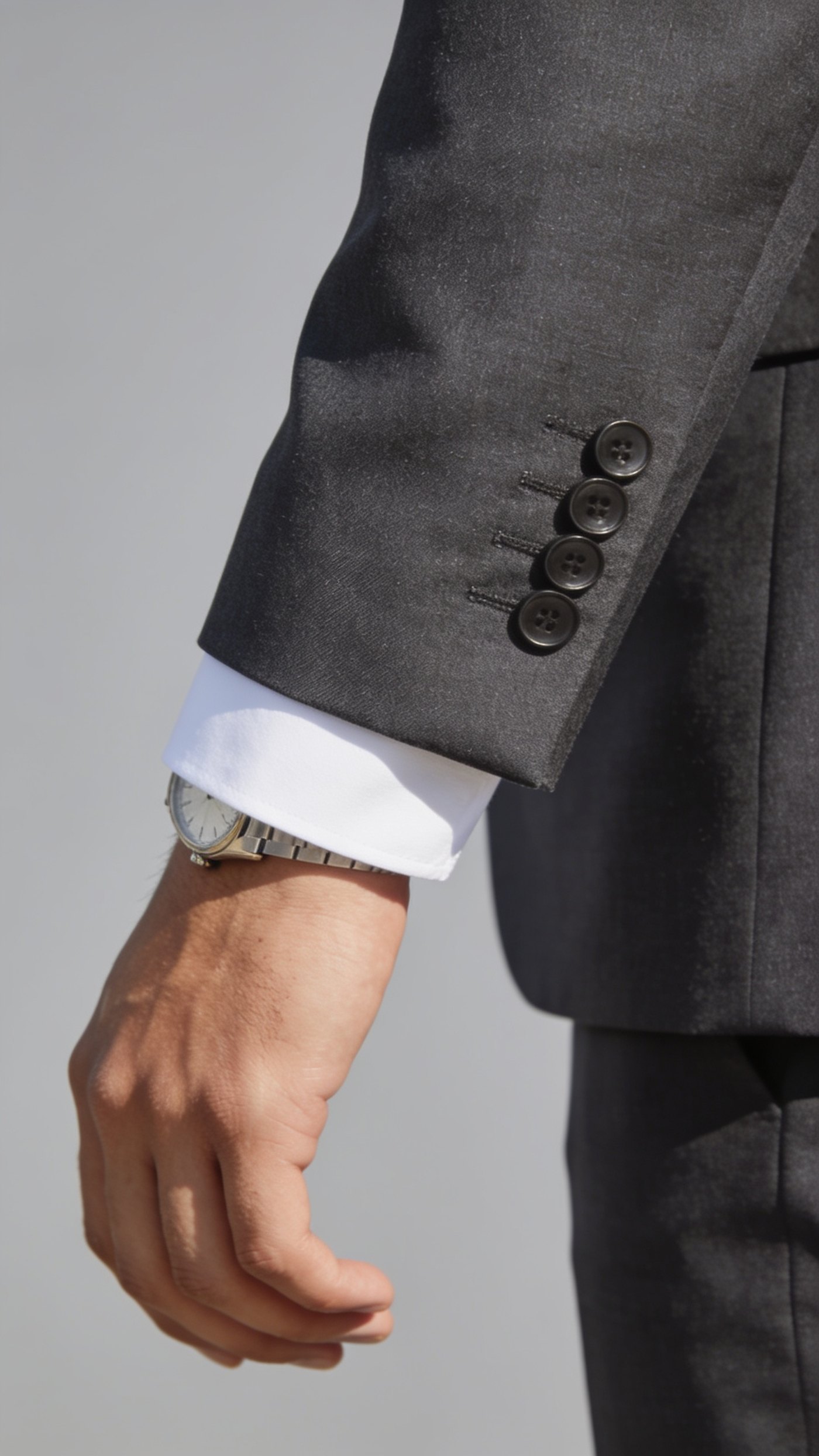 A jacket sleeve ending above the wrist with one inch of white shirt cuff showing