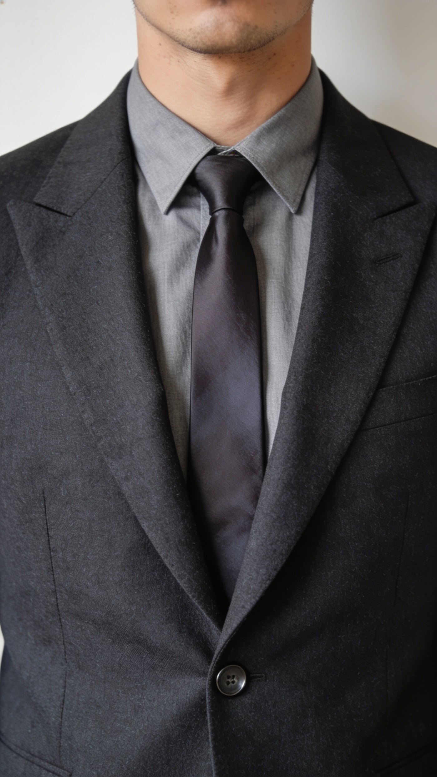A charcoal jacket over a grey shirt and a deeper grey tie, one colour at two depths