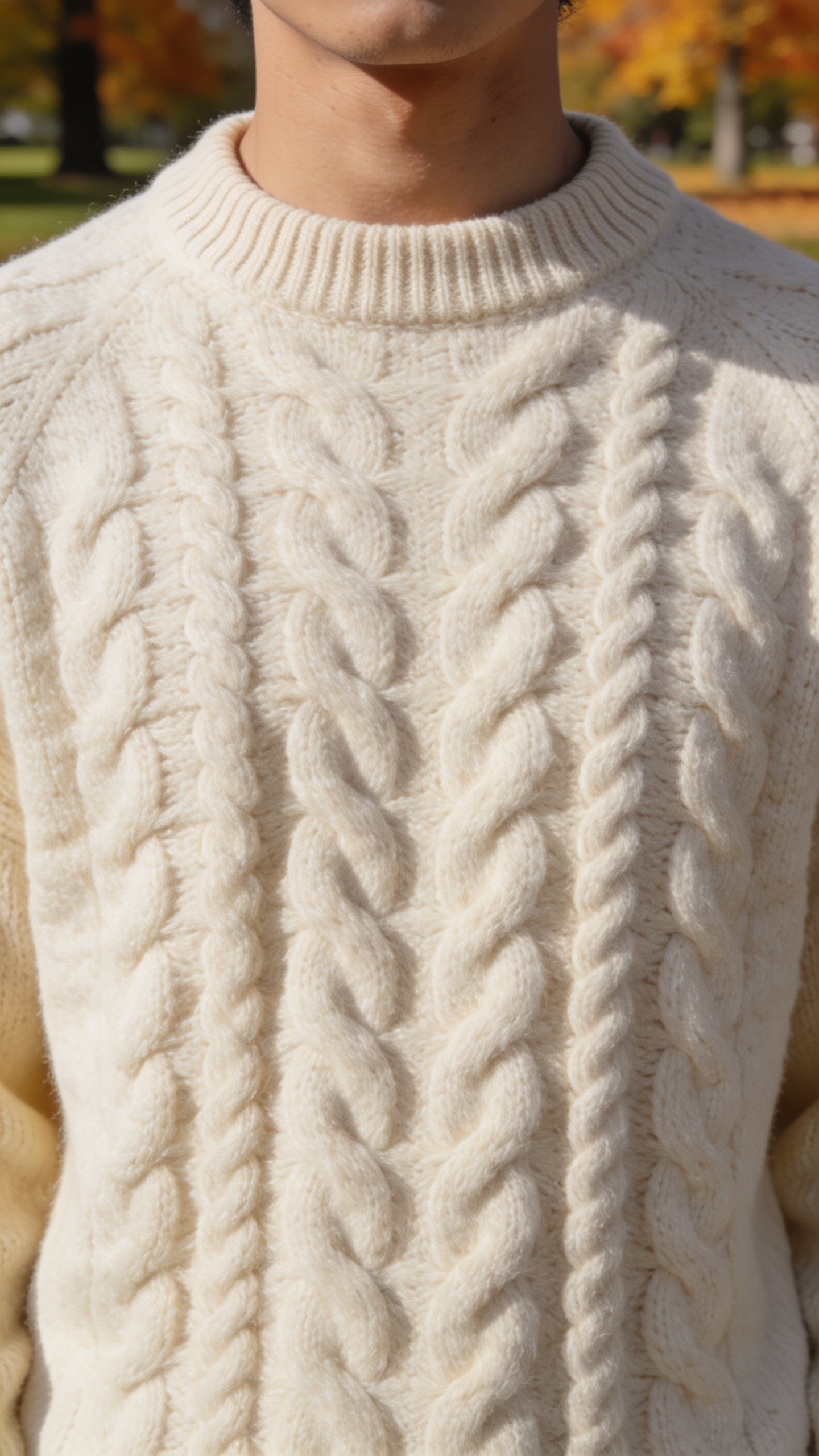 A cream cable knit sweater with deep carved cables across the chest