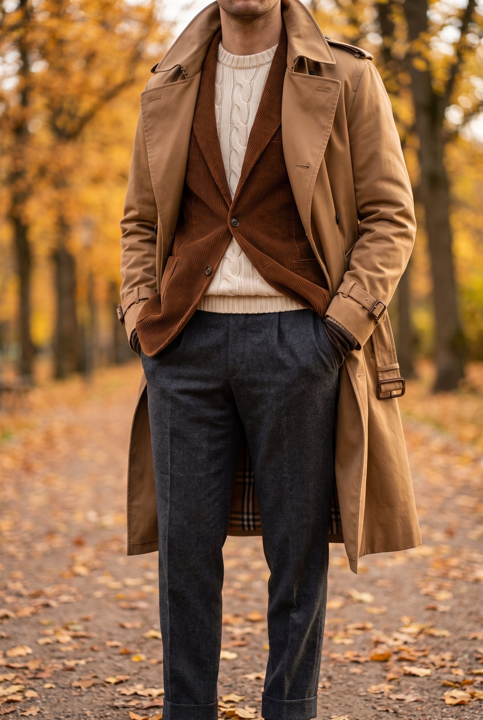 A knee length khaki trench coat with the belt knotted at the waist