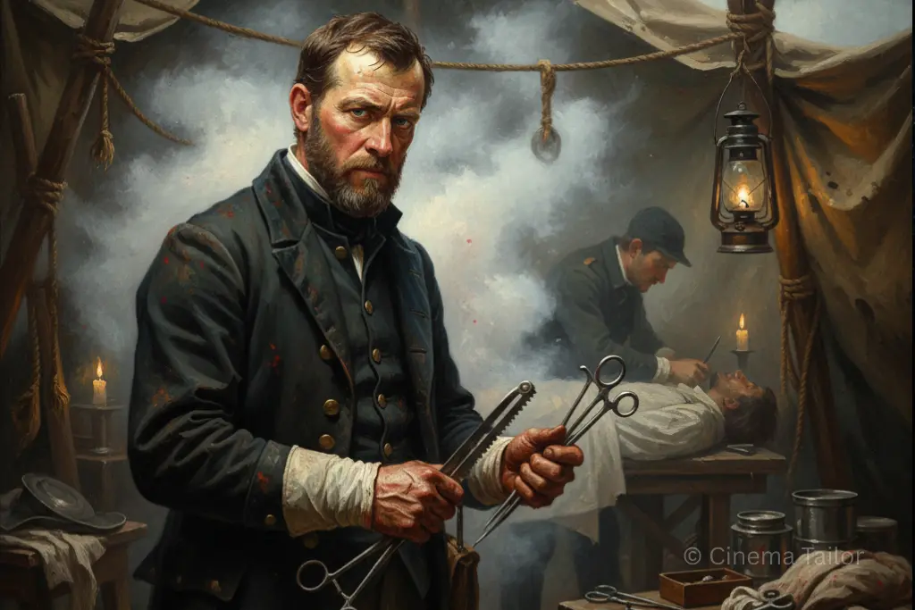 19th-century military surgeon with rolled-up suit sleeves in a battlefield tent.
