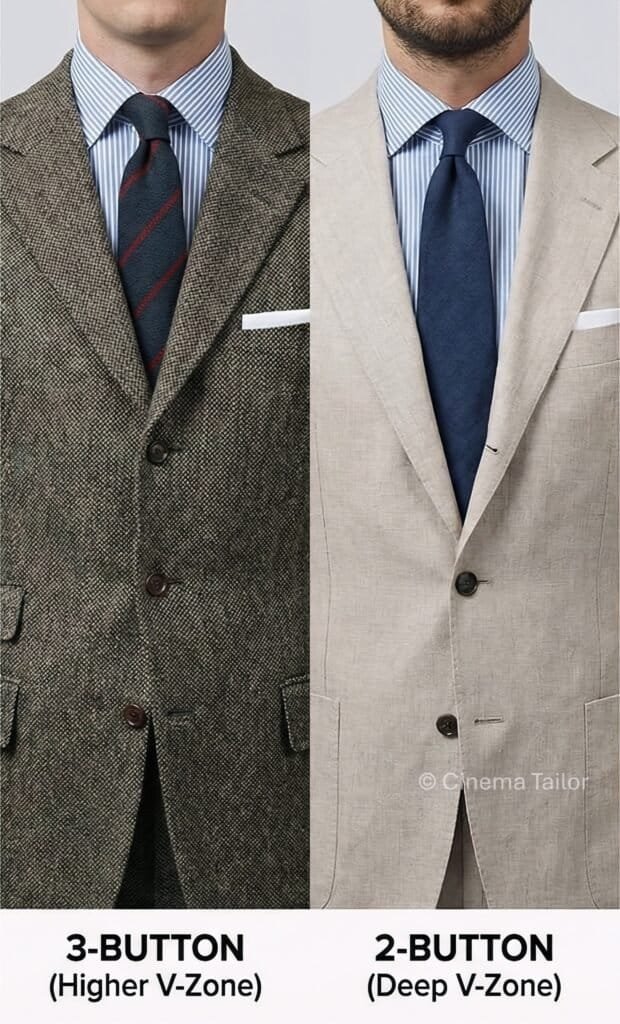 Close-up comparison of a 3-button suit jacket with a high V-zone versus an Italian style 2-button suit jacket with a deep V-zone for a slimmer look.