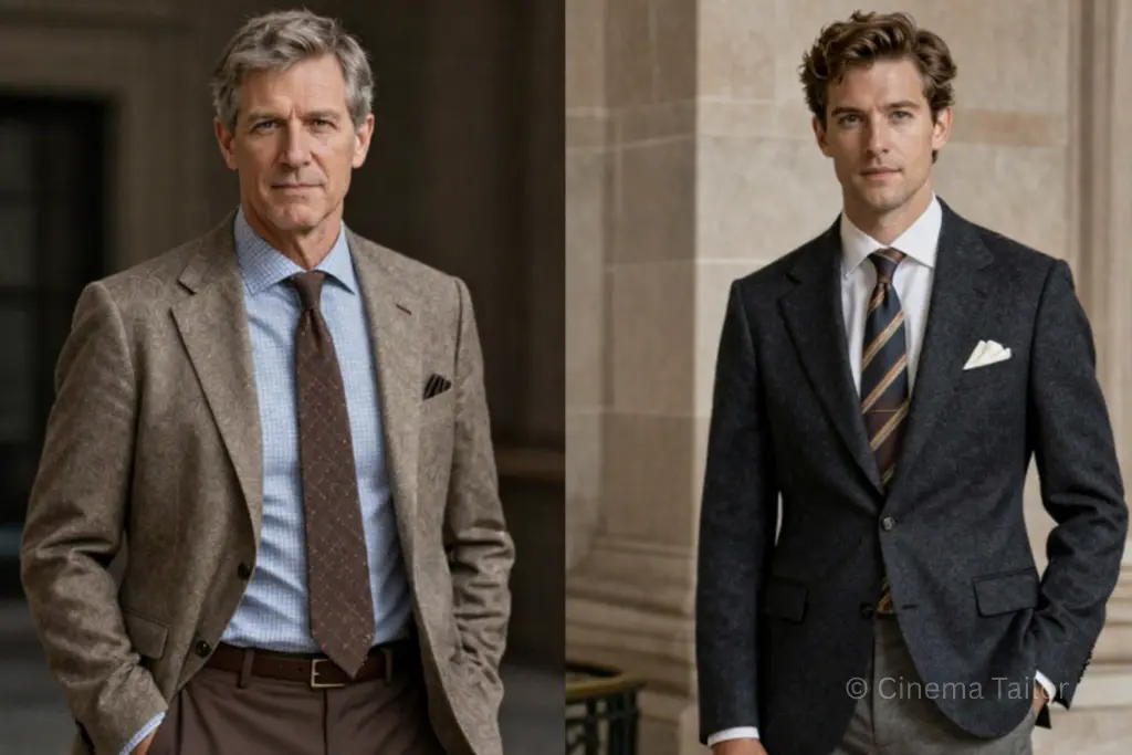 Two men wearing classic academic old money style tailored suits, showcasing timeless menswear elegance and refined gentleman fashion