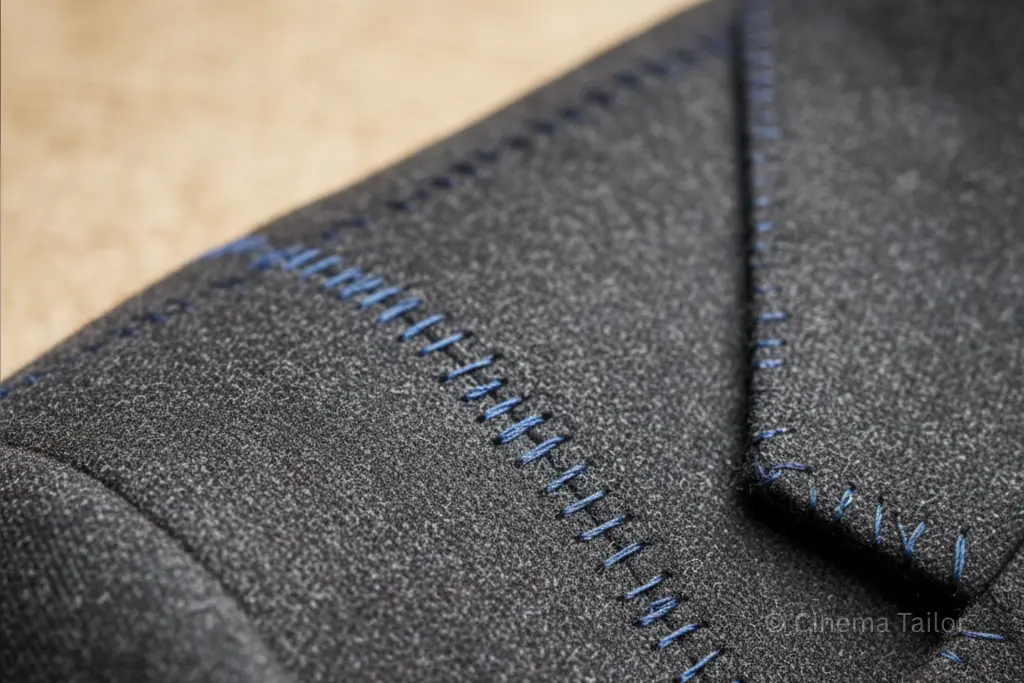 Macro shot of hand-stitched pick stitching on a luxury suit lapel, bespoke craftsmanship.