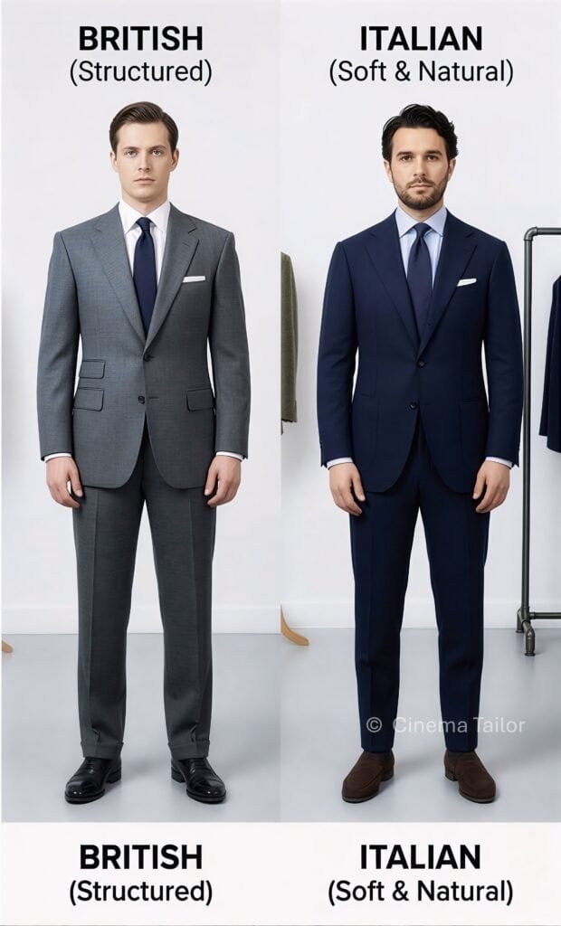 Full body comparison showing the difference between a structured British suit fit and a soft, natural Italian suit fit with Neapolitan shoulders.