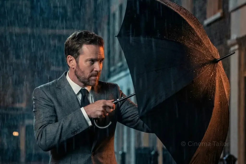 A middle-aged man in a sharp grey British suit holding a black umbrella in the rain, cinematic atmosphere by Cinema Tailor.