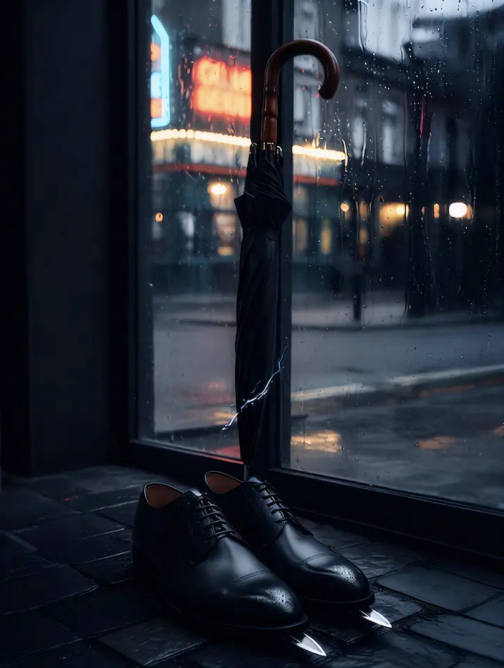 Classic black oxford shoes and a black umbrella by a rainy window, presented by Cinema Tailor.
