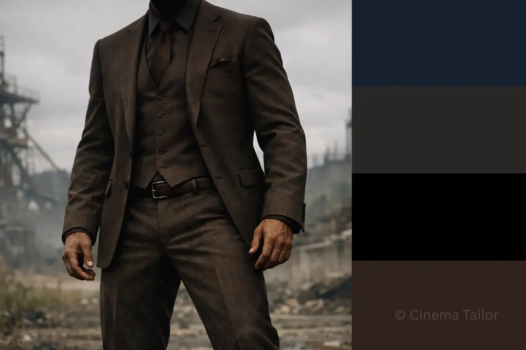A cinematic portrait of a powerful man wearing a brown three-piece suit, standing confidently in an industrial background, expressing authority and refined menswear style.