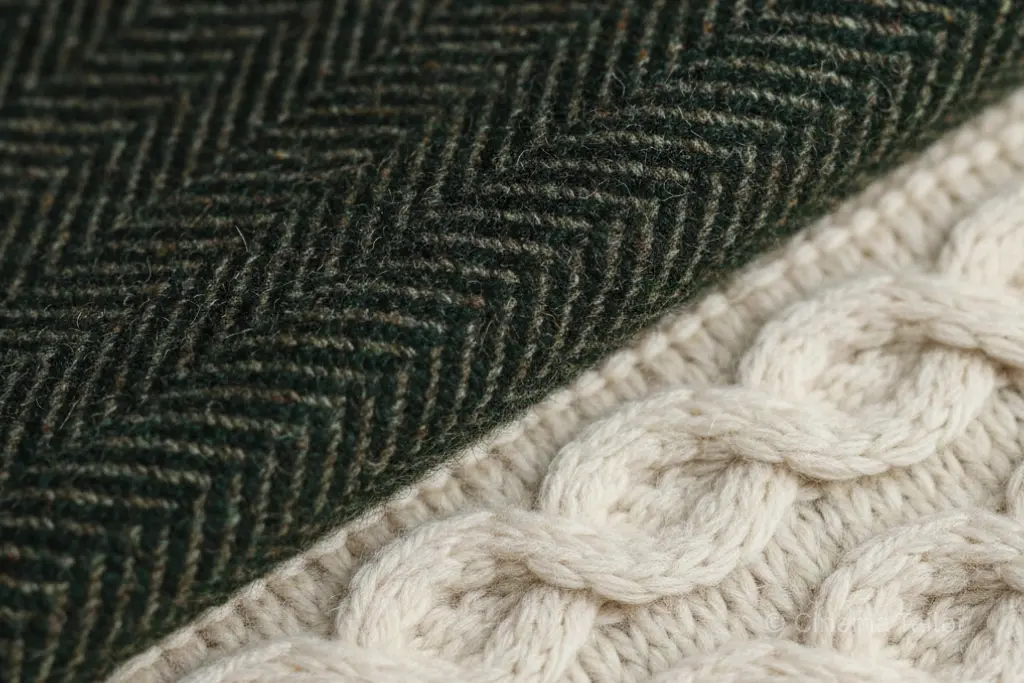 Close-up shot of cream cable-knit wool and green herringbone tweed fabric textures.