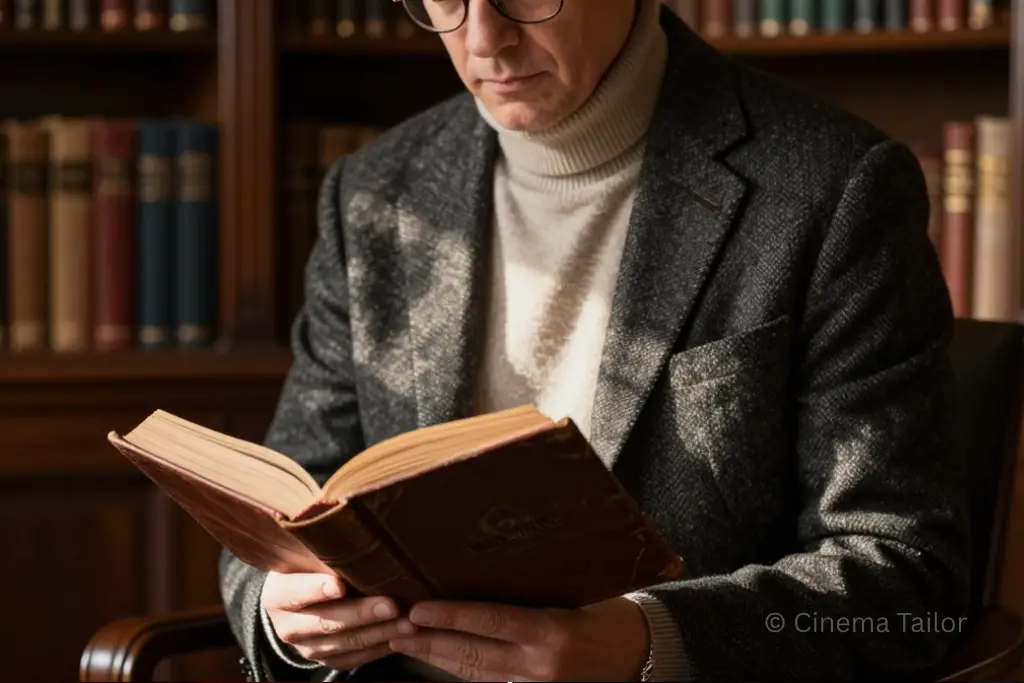 The Intellectual Alpha Aesthetic A man in a tweed blazer reading in a library.