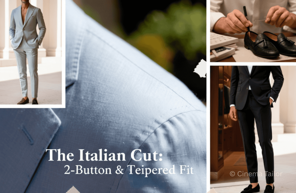 A professional editorial collage featuring three panels: a close-up of a two-button Italian suit jacket, a sharp tapered trouser fit with black leather shoes, and a full-length shot of a man in a modern black Italian suit.