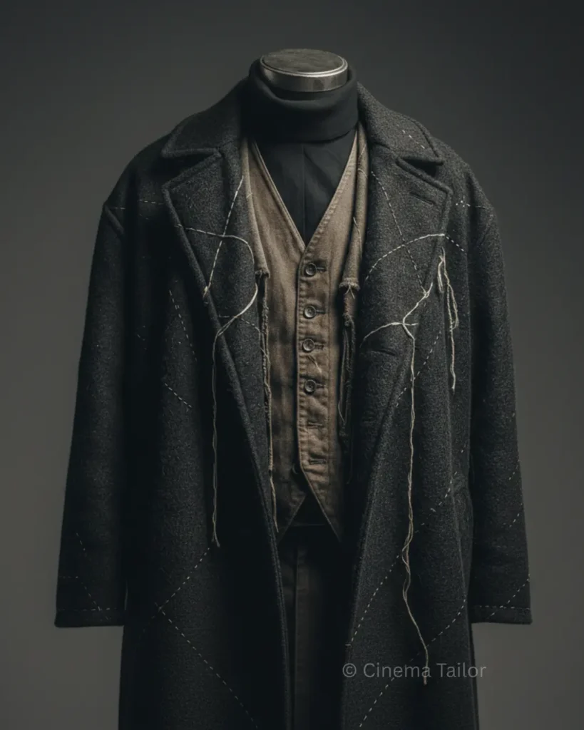 Character Style: Distressed Layers Close-up of heavy distressed charcoal wool coat and canvas vest.