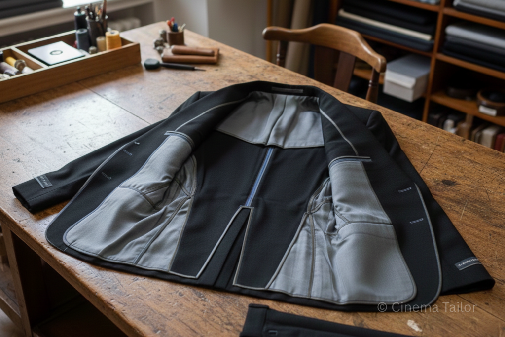 Detailed interior of an unlined John Wick suit jacket with silk piping.