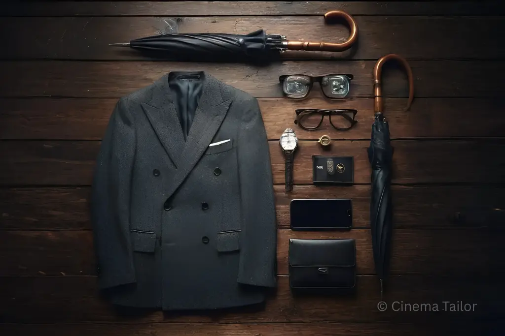 A flat lay of Kingsman essentials including a suit, glasses, and tactical accessories.