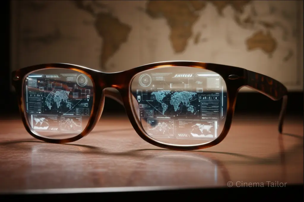Macro shot of Kingsman style glasses with a digital HUD overlay on the lenses.