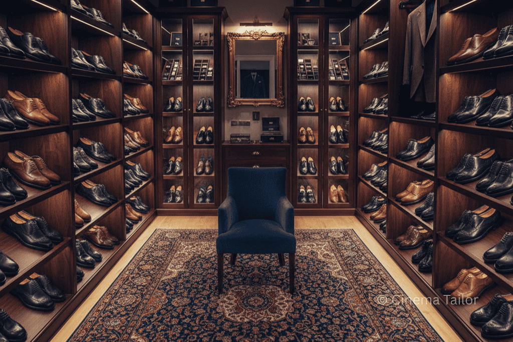 A luxurious wooden walk-in closet filled with various high-end leather shoes.