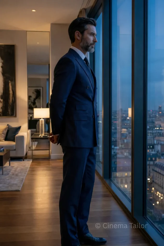 A modern gentleman in a tailored navy suit standing by a city window, representing the idea that a suit is his armor and a symbol of authority
