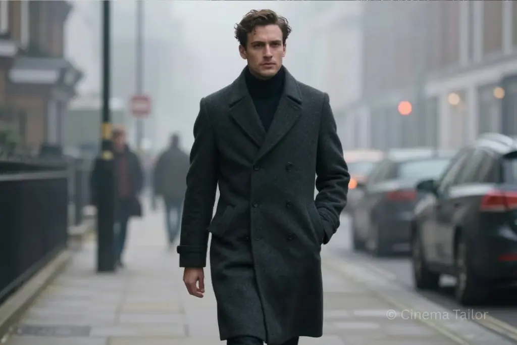 Architecture of Authority: The Overcoat Man in a long charcoal coat in a foggy street.